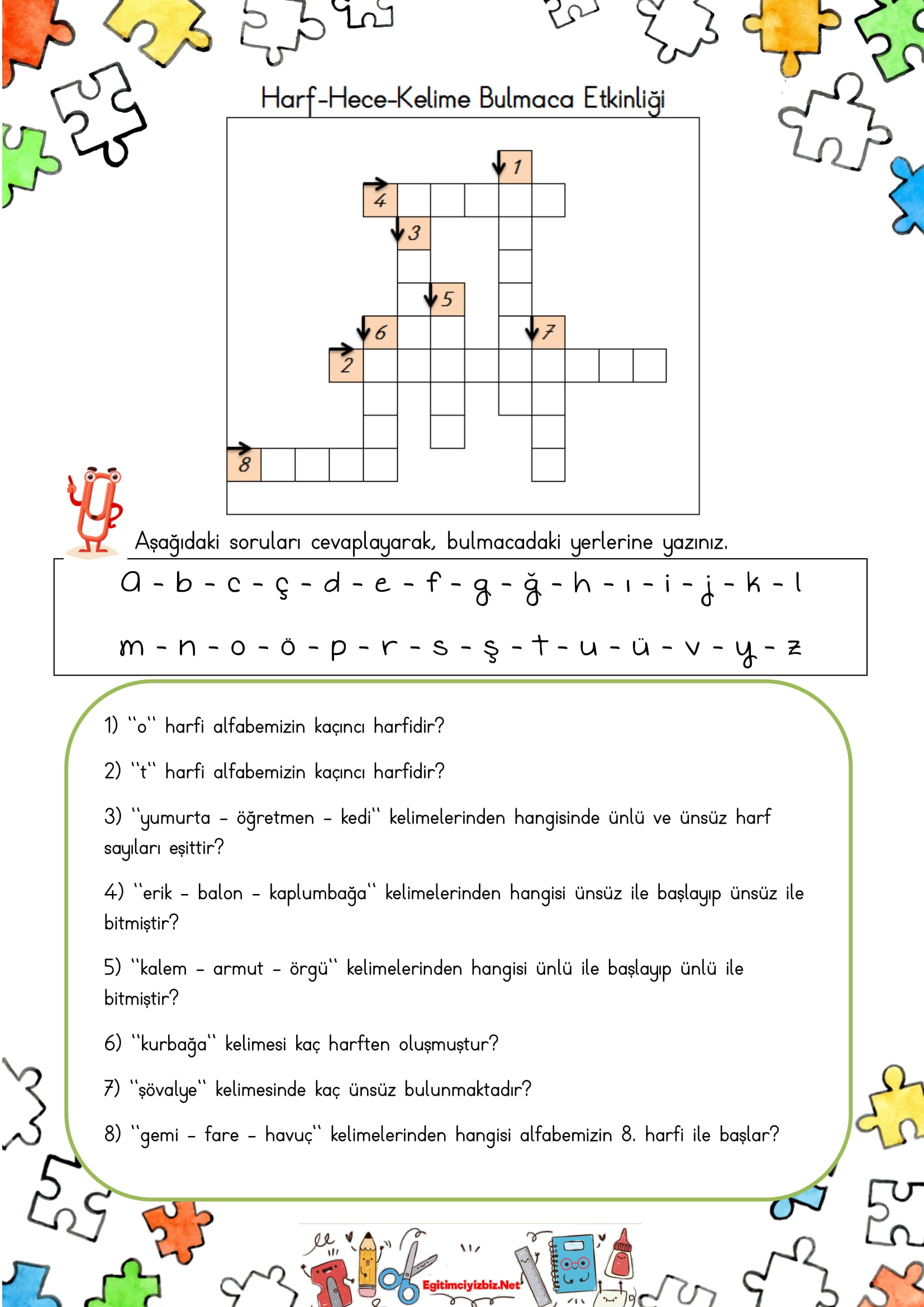 2. Sınıf Türkçe Harf-Hece-Kelime Bulmaca Etkinliği