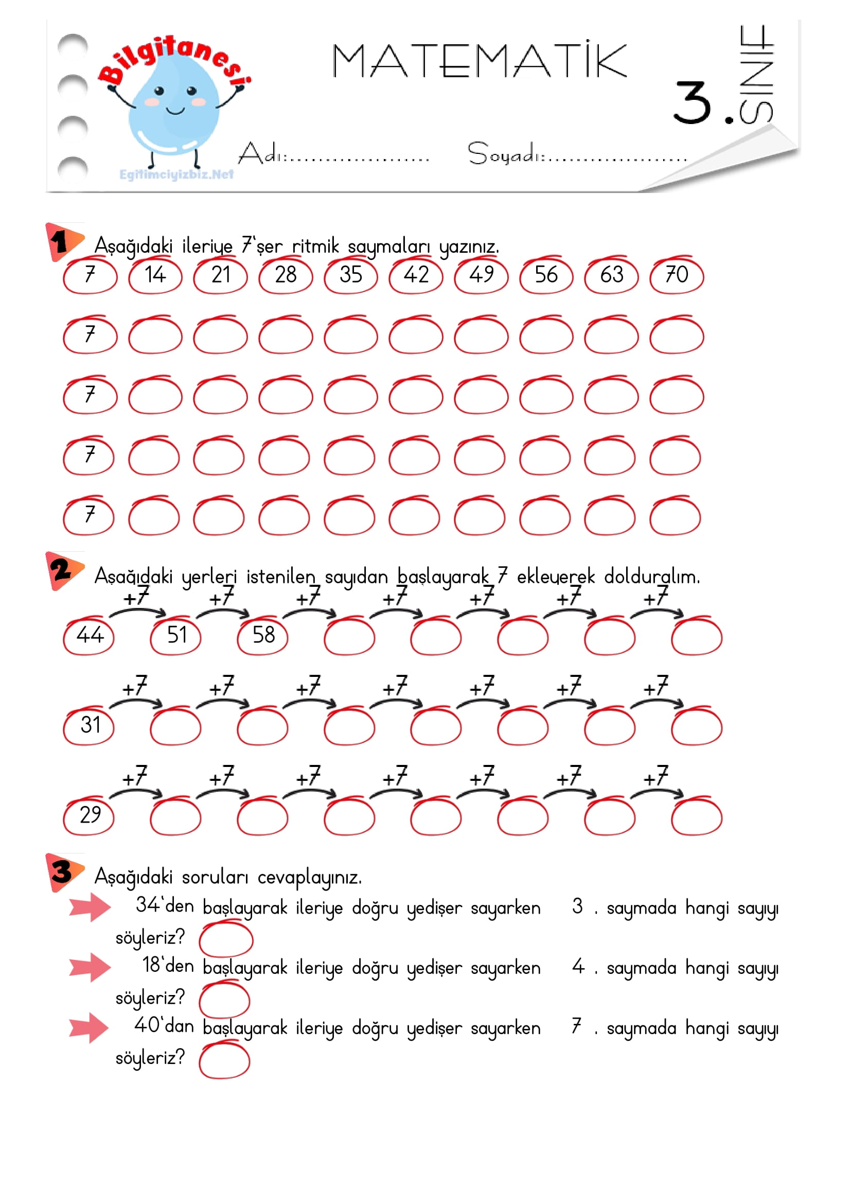 3. Sınıf Yedişer Ritmik Sayma Etkinliği-2