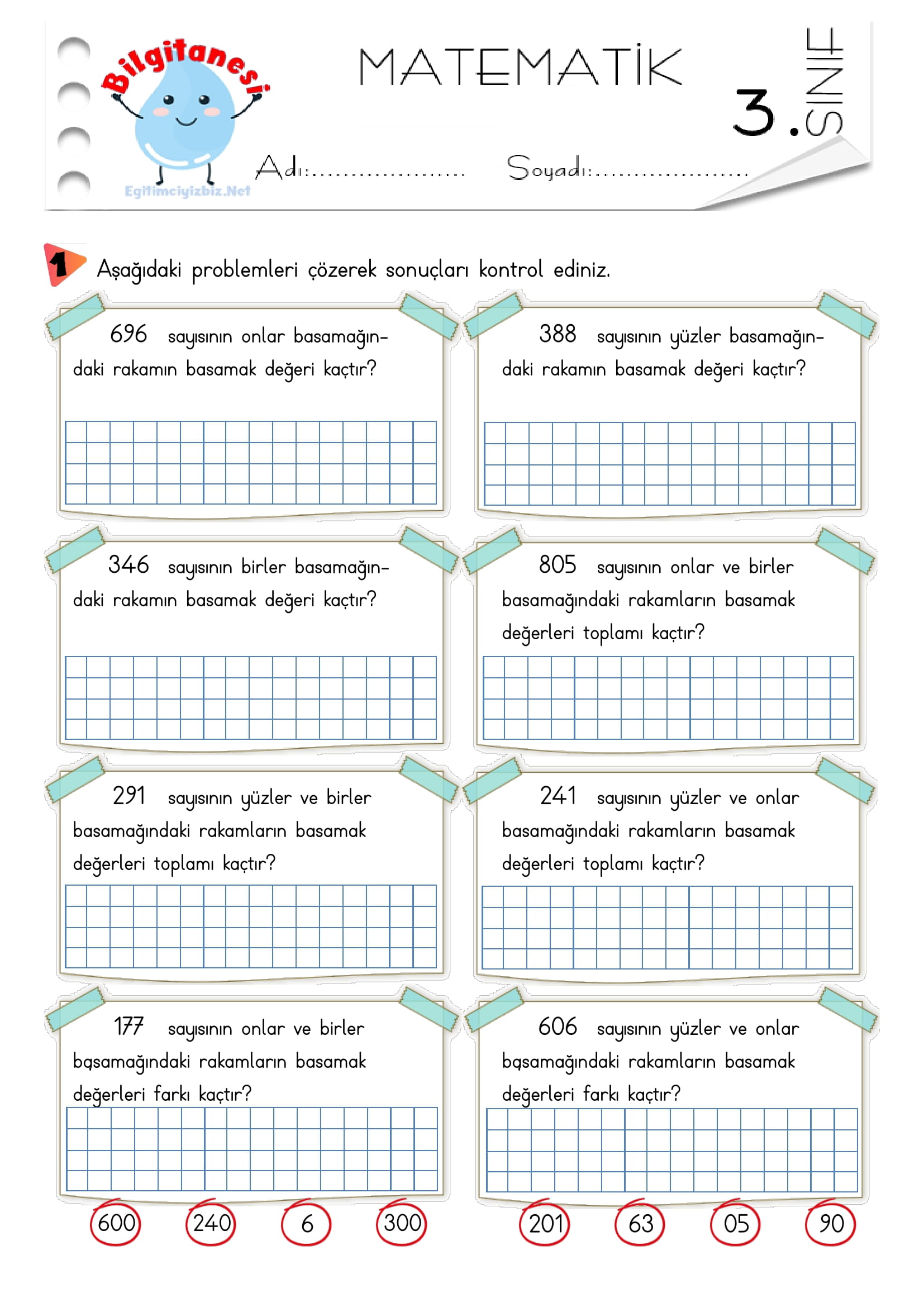 3. Sınıf Doğal Sayıların Basamak Değerleri Problemleri-2