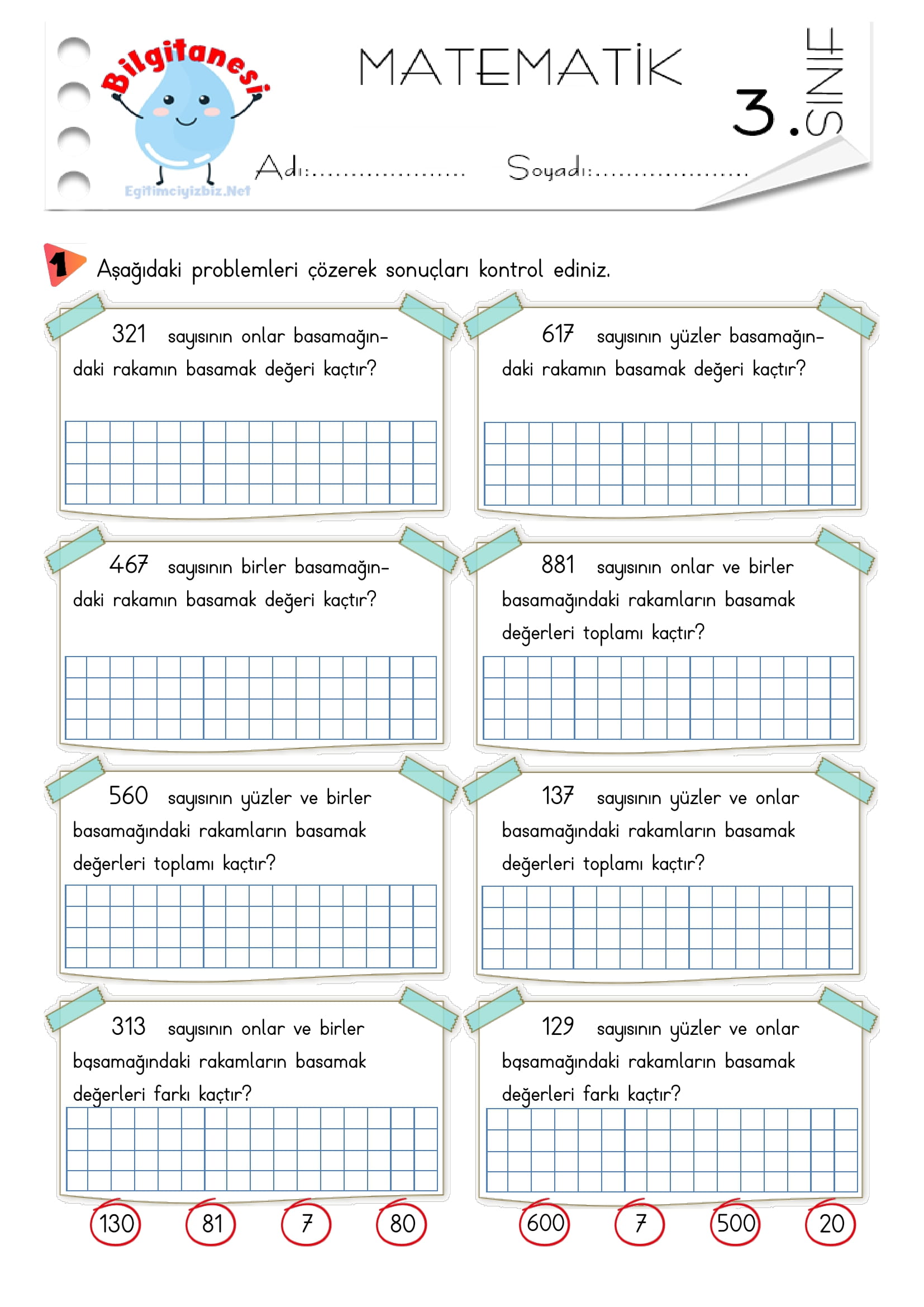 3. Sınıf Doğal Sayıların Basamak Değerleri Problemleri-5