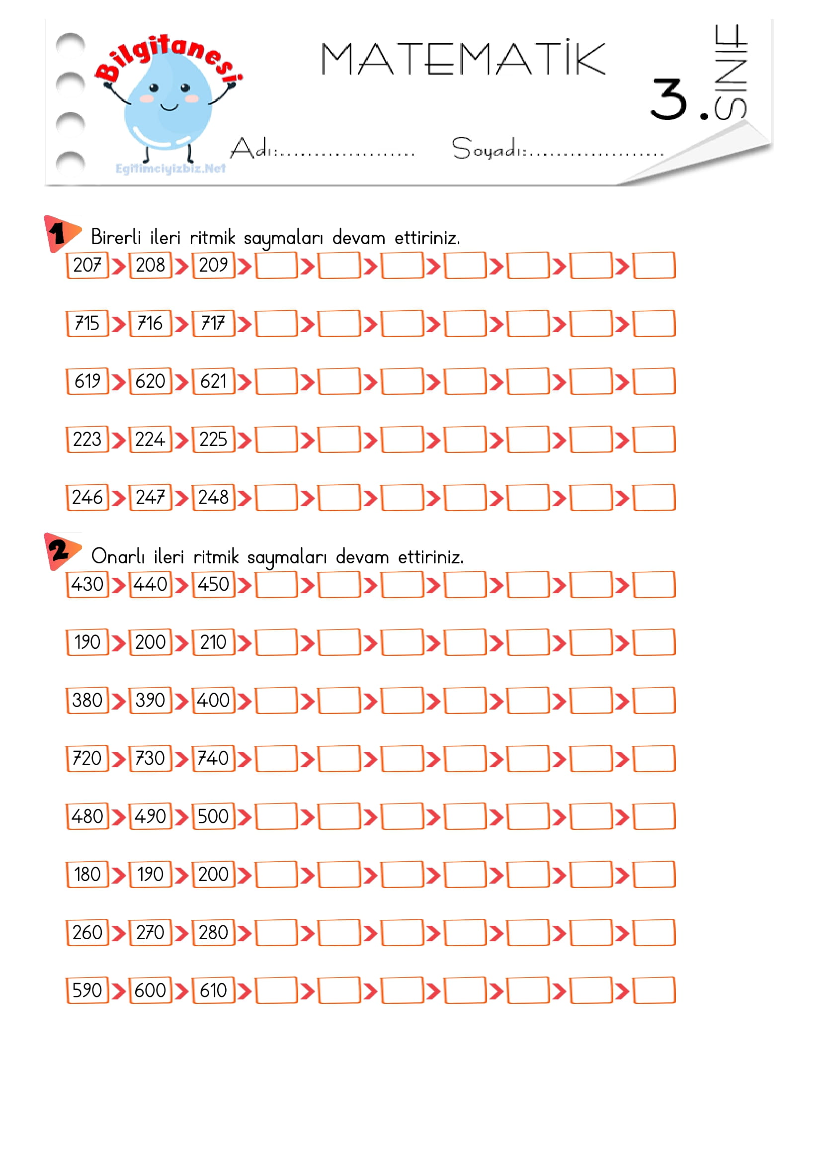 3. Sınıf Birer ve Onar İleri Ritmik Sayma Etkinliği-3