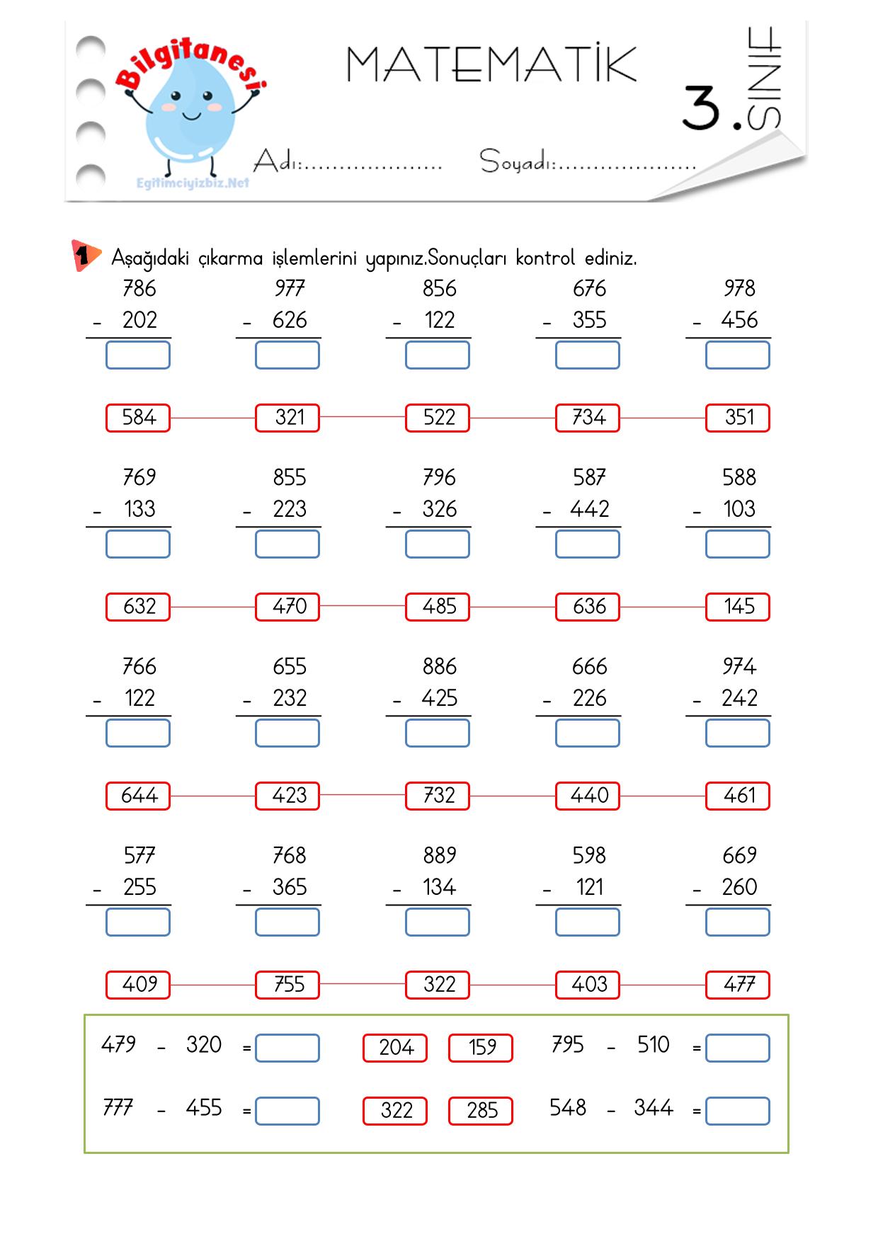 3. Sınıf Onluk Bozmadan Çıkarma İşlemi Etkinliği-5