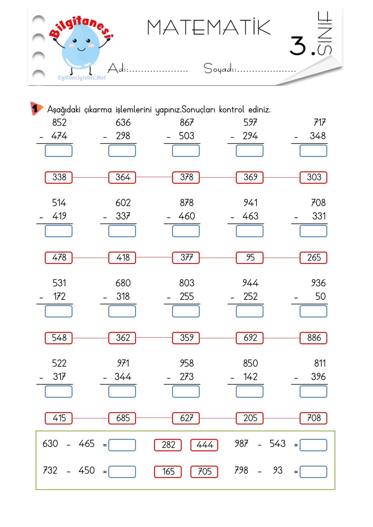 3. Sınıf Onluk Bozarak Çıkarma İşlemi Etkinliği-2