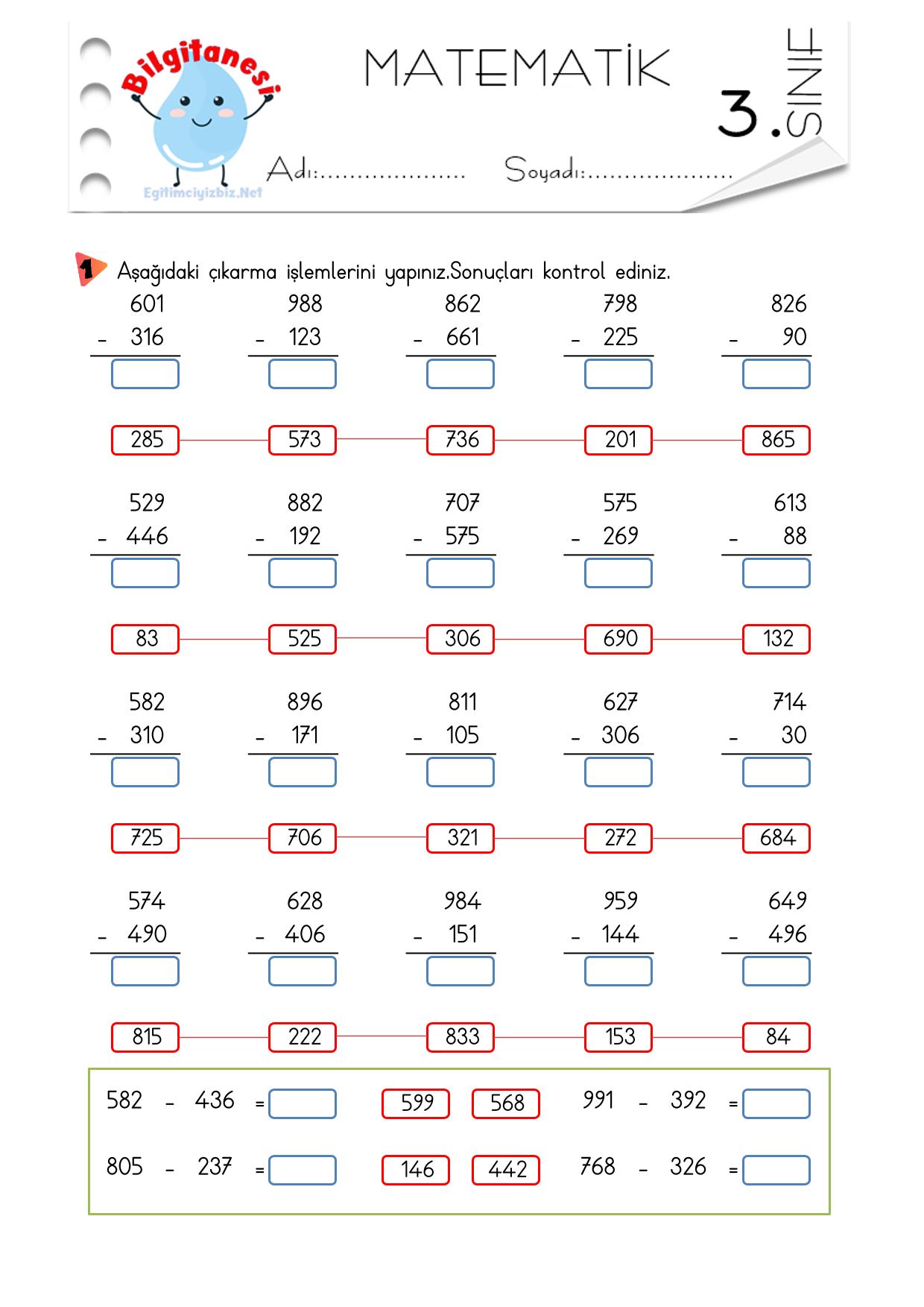 3. Sınıf Onluk Bozarak Çıkarma İşlemi Etkinliği-5