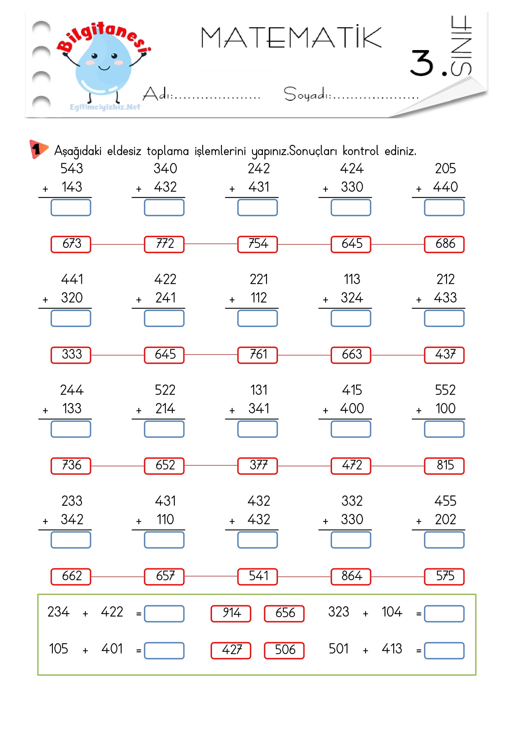 3. Sınıf Eldesiz Toplama İşlemi Etkinliği-2
