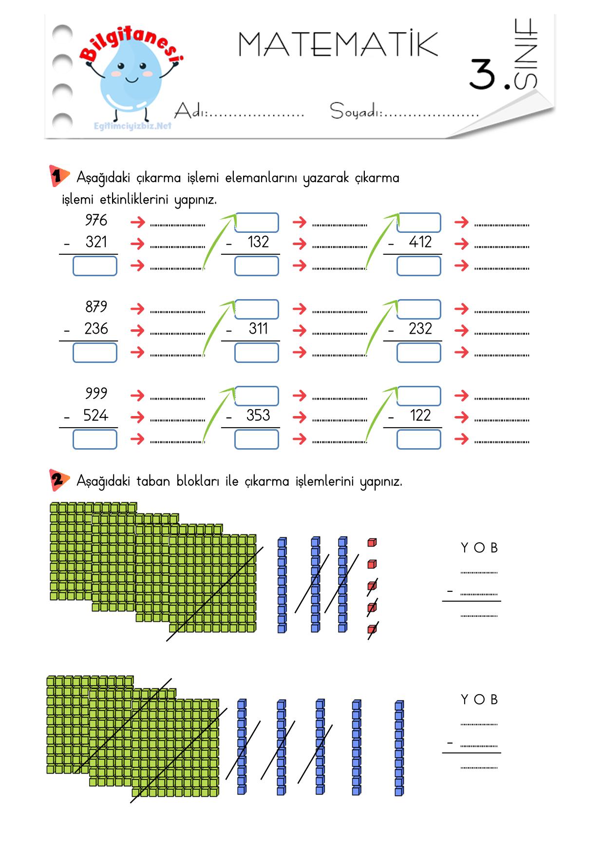 3. Sınıf Onluk Bozmadan Çıkarma İşlemi Etkinliği-6