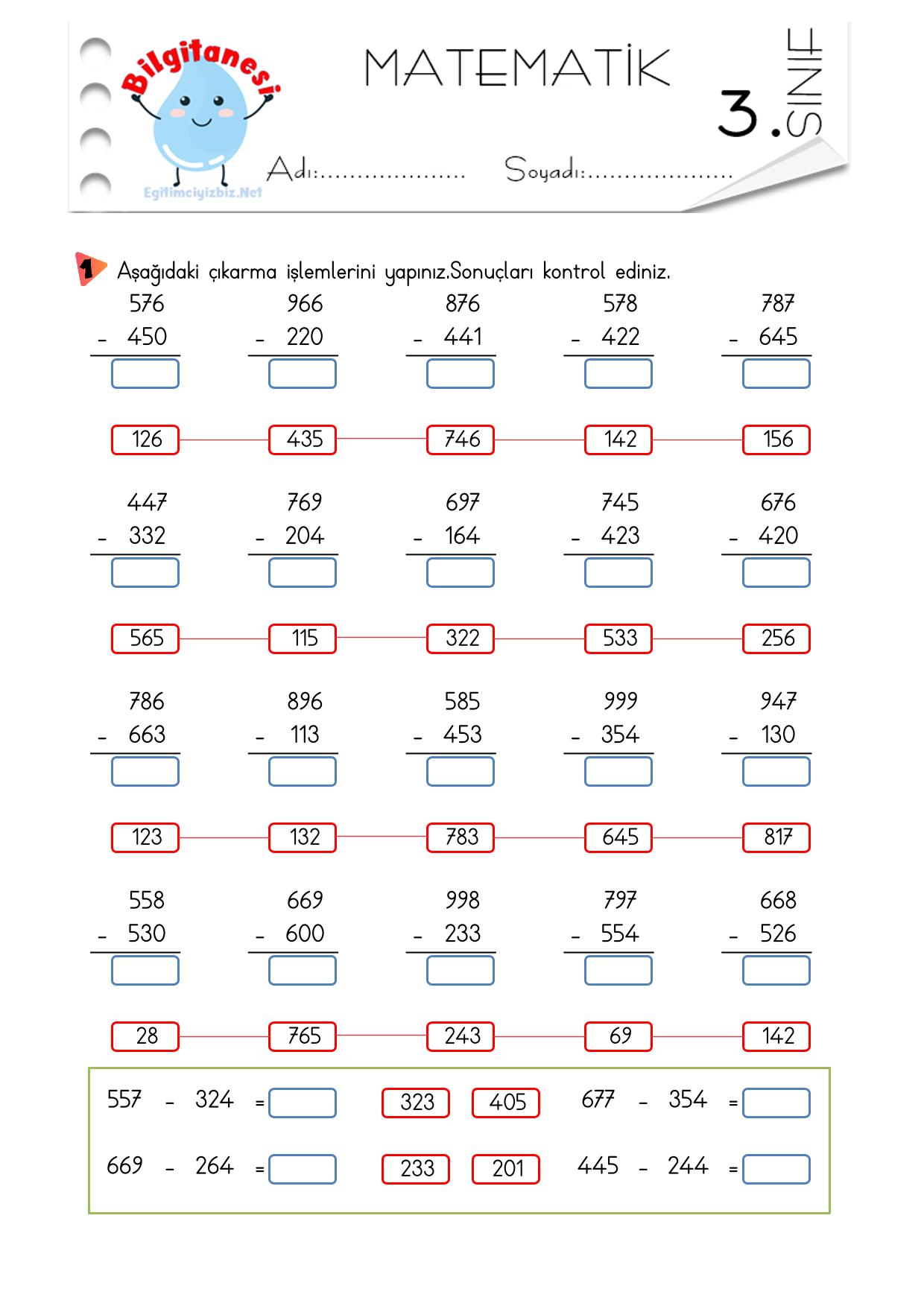 3. Sınıf Onluk Bozmadan Çıkarma İşlemi Etkinliği-3