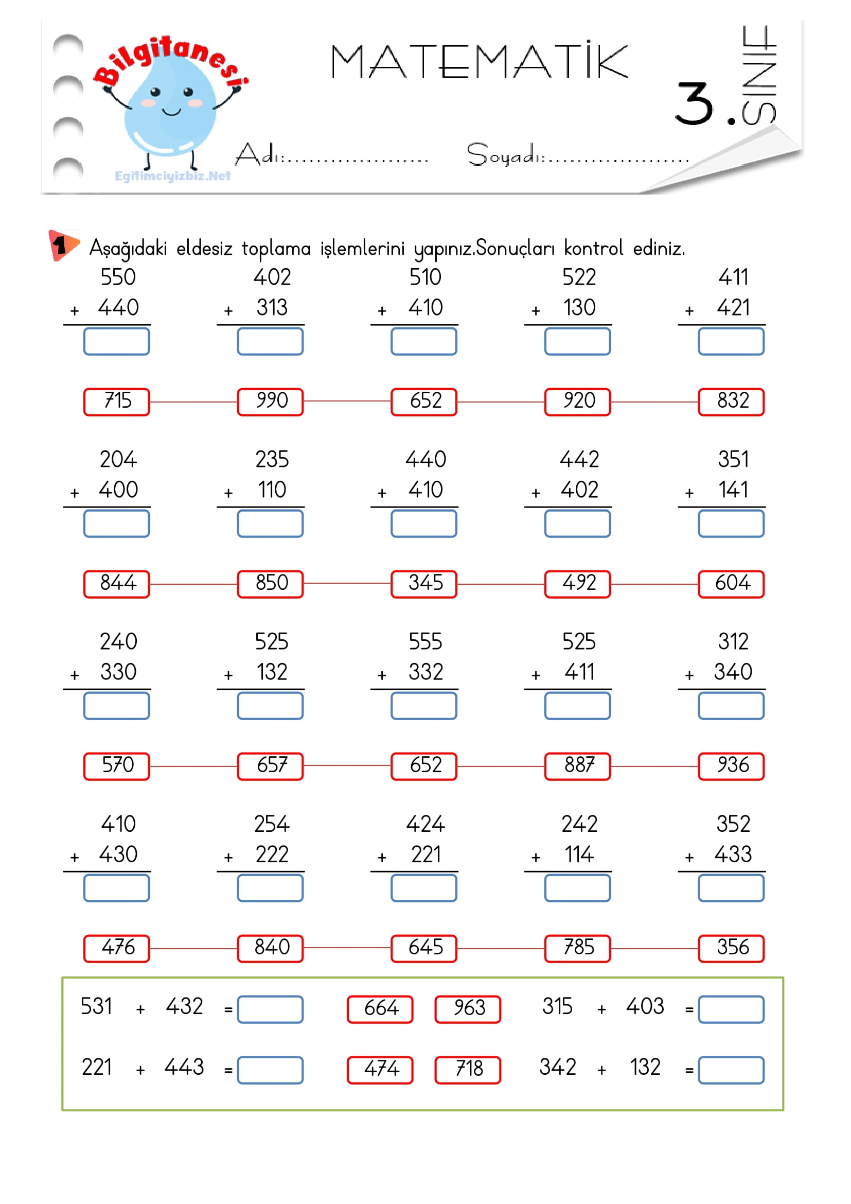 3. Sınıf Eldesiz Toplama İşlemi Etkinliği-5