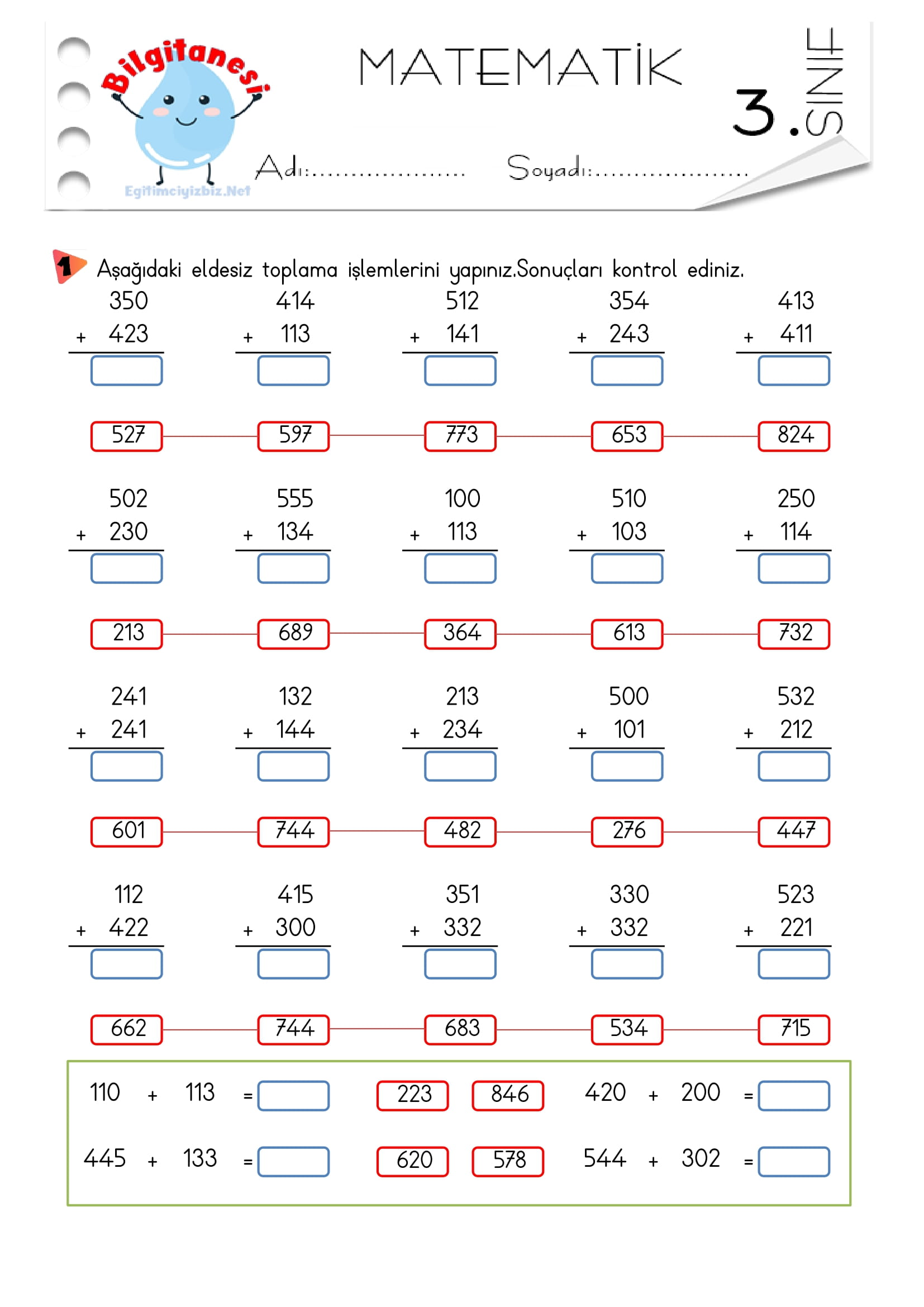 3. Sınıf Eldesiz Toplama İşlemi Etkinliği-3