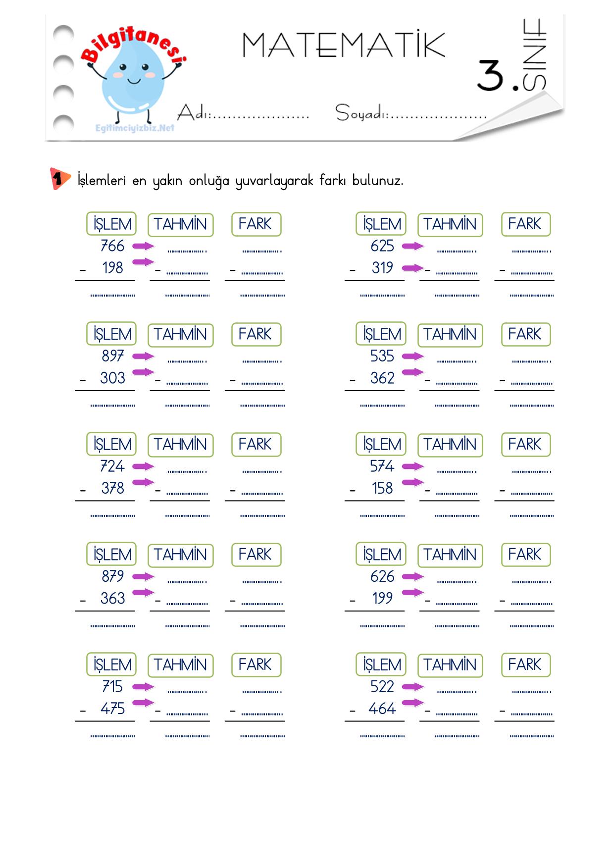 3. Sınıf Çıkarma İşleminde Sonucu Tahmin Etme Etkinliği-1