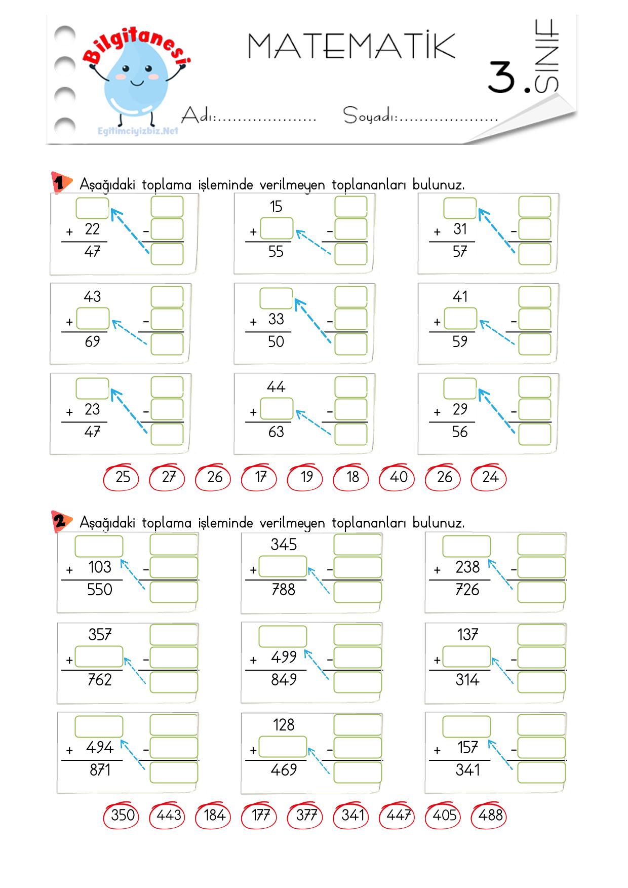 3. Sınıf Toplama İşleminde Verilmeyen Toplananı Bulma Etkinliği-5