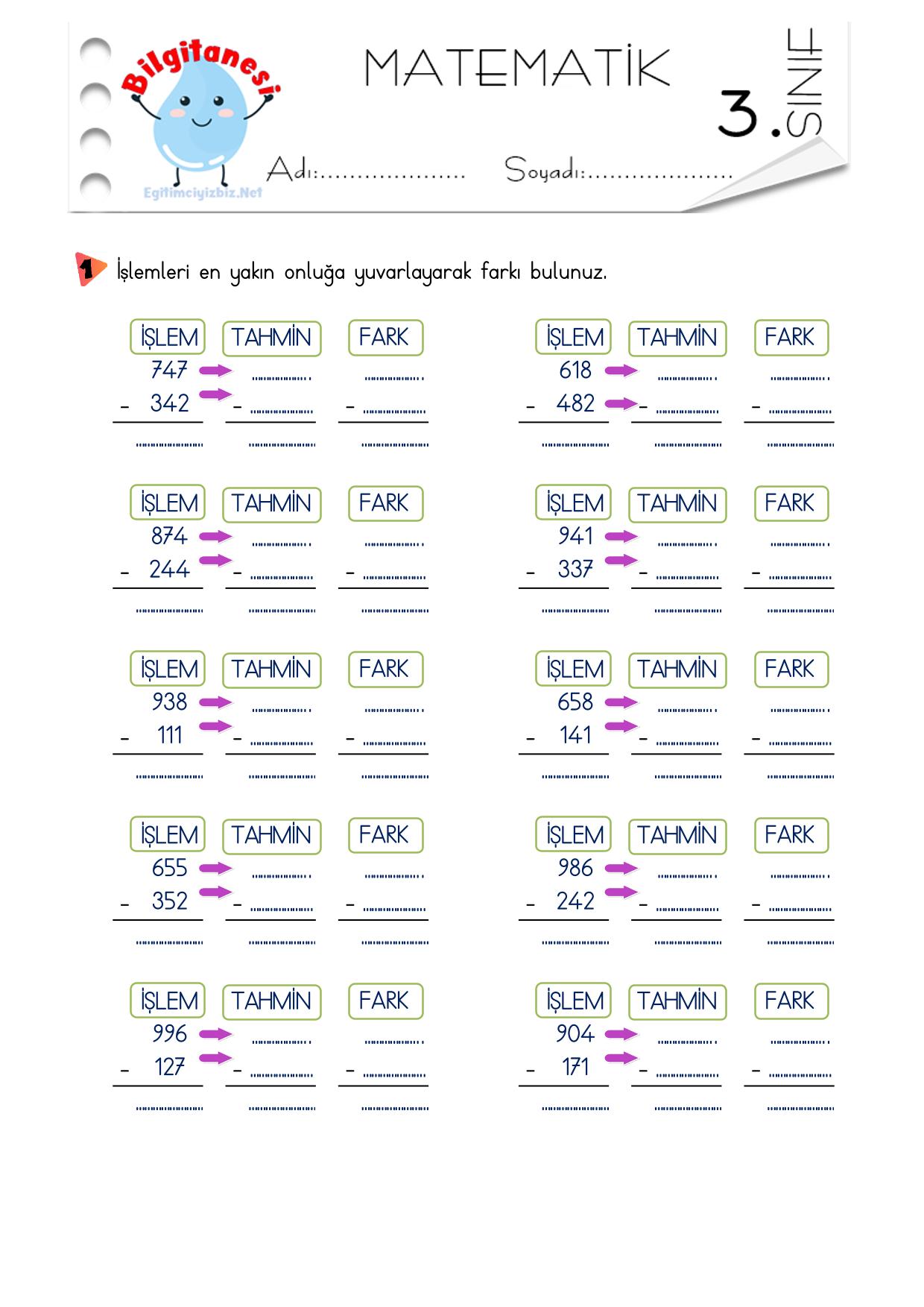 3. Sınıf Çıkarma İşleminde Sonucu Tahmin Etme Etkinliği-3