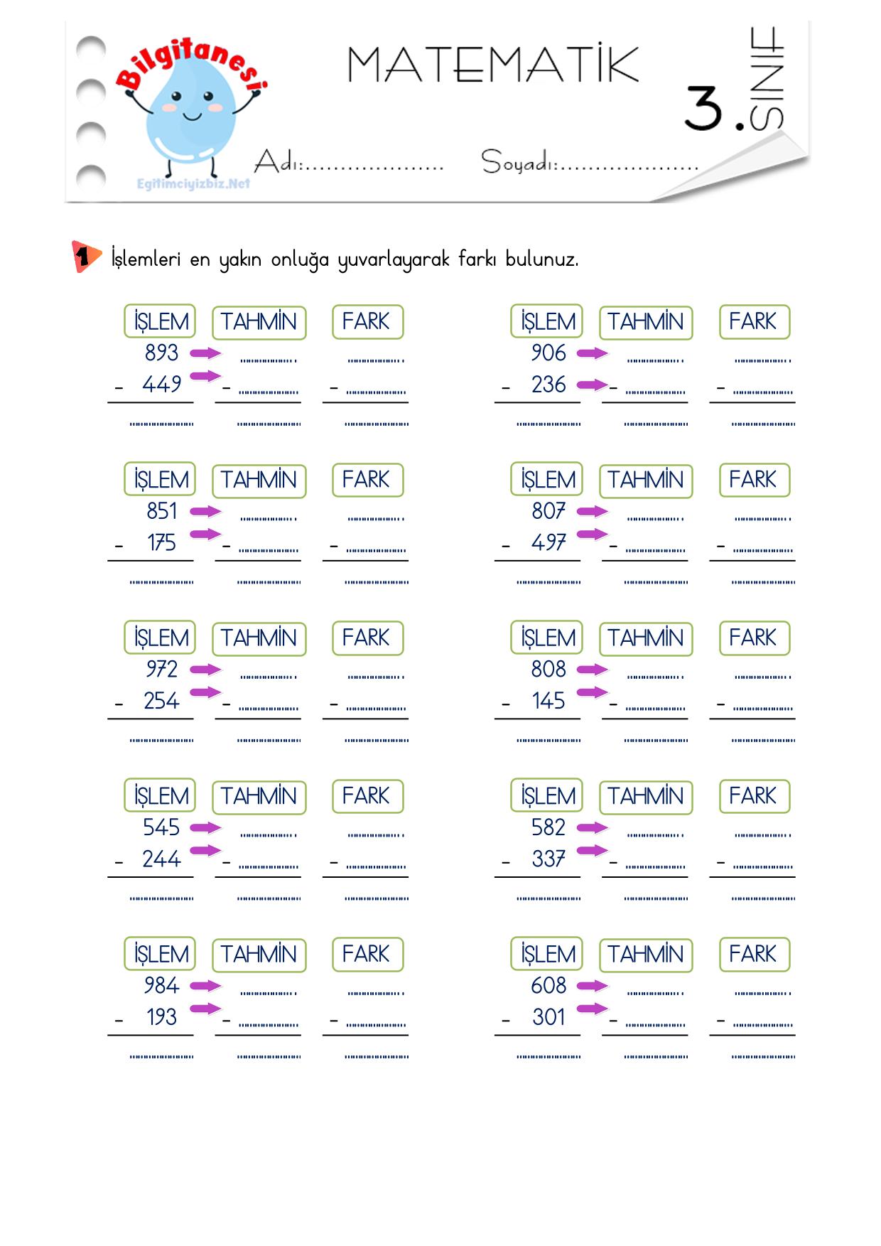 3. Sınıf Çıkarma İşleminde Sonucu Tahmin Etme Etkinliği-5