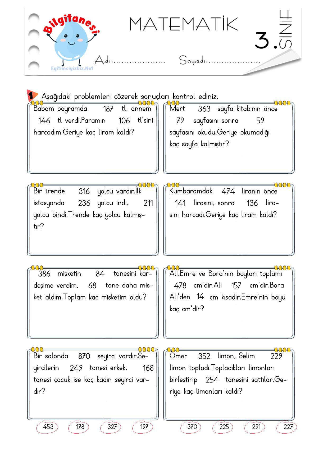 3. Sınıf Toplama Çıkarma İşlemleri Problemleri-3