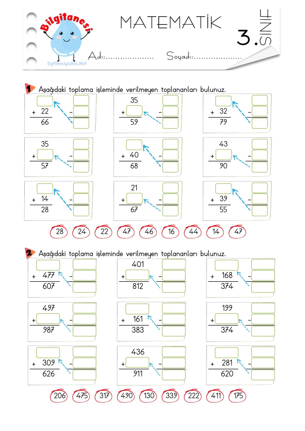 3. Sınıf Toplama İşleminde Verilmeyen Toplananı Bulma Etkinliği-4