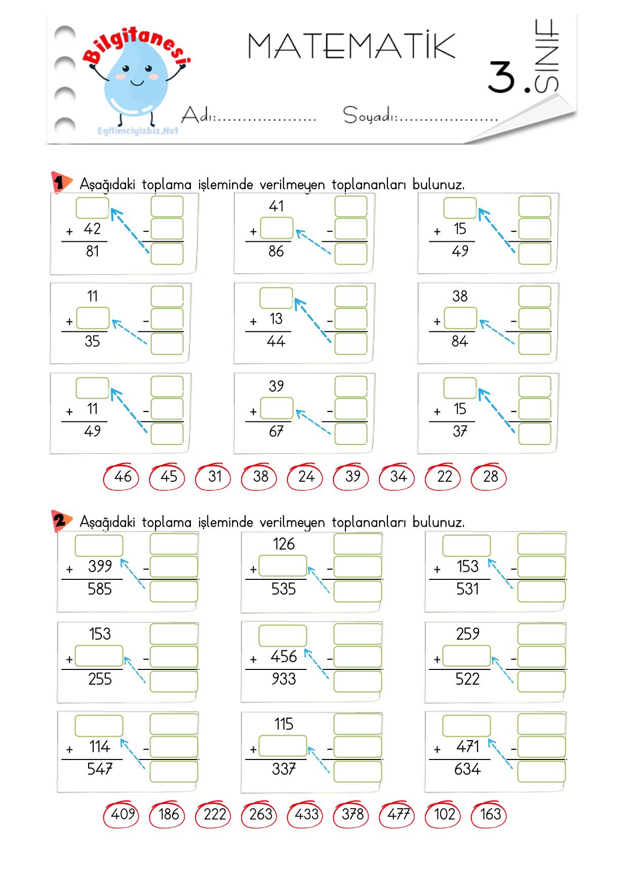 3. Sınıf Toplama İşleminde Verilmeyen Toplananı Bulma Etkinliği-2