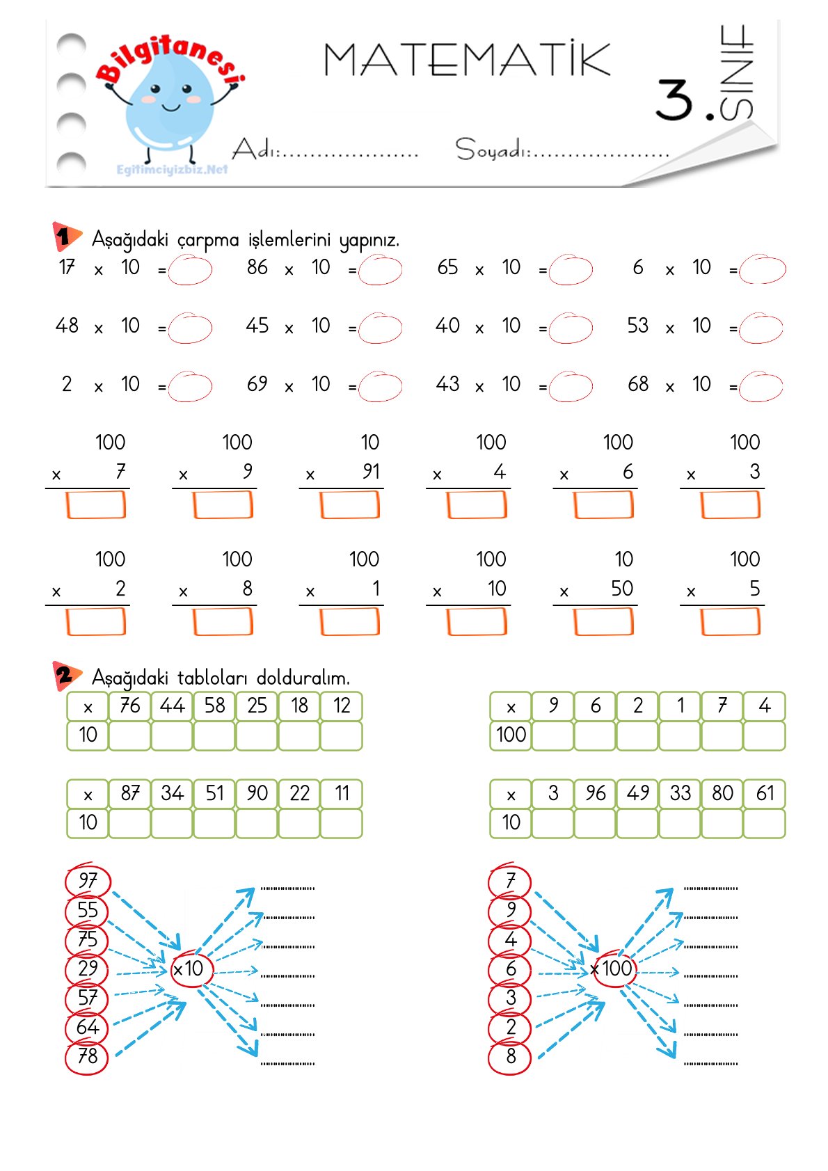 3. Sınıf 10 ve 100 İle Kısa Yoldan Çarpma İşlemi Etkinliği-2