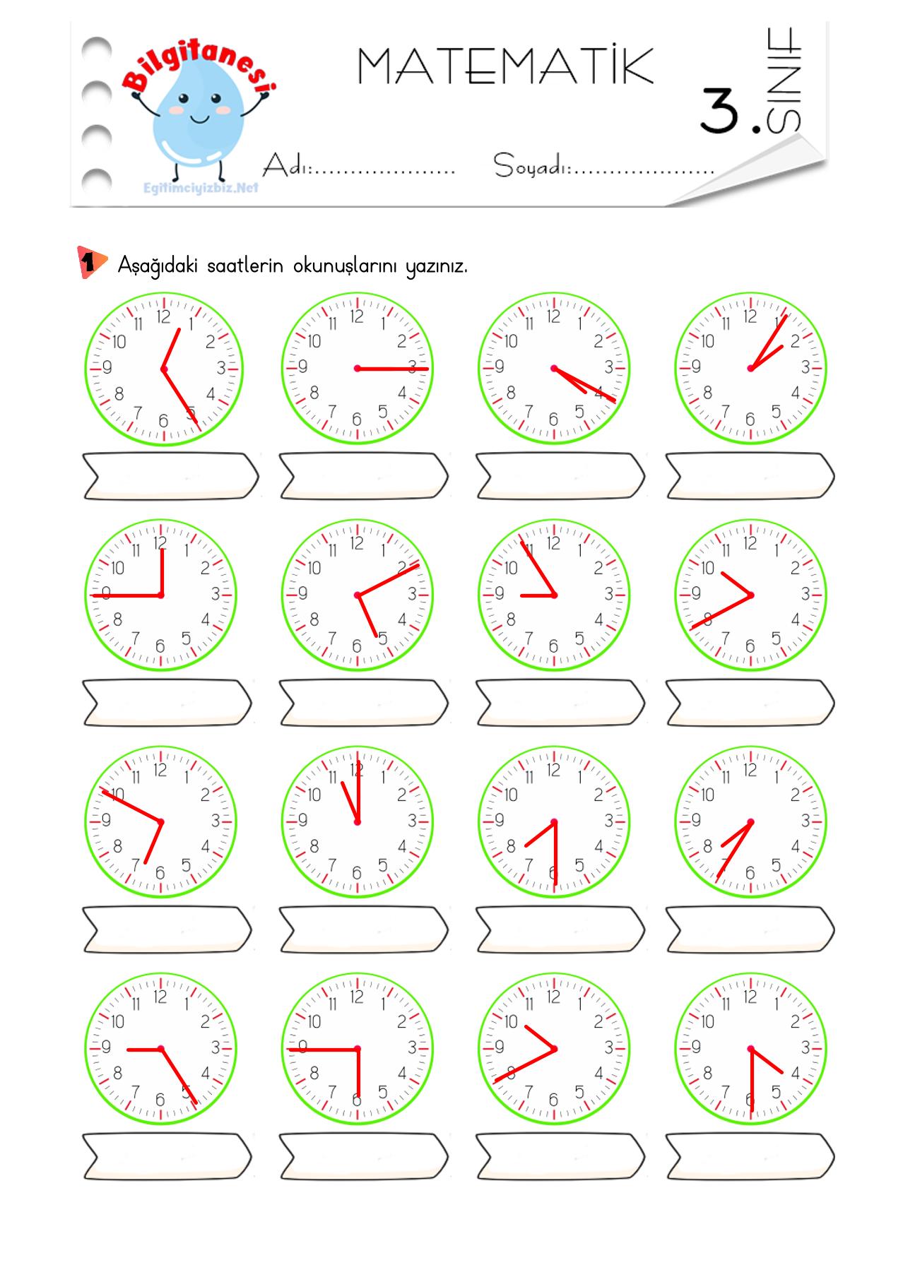 3. Sınıf Saatlerin Okunuşlarını Yazma Etkinliği-1