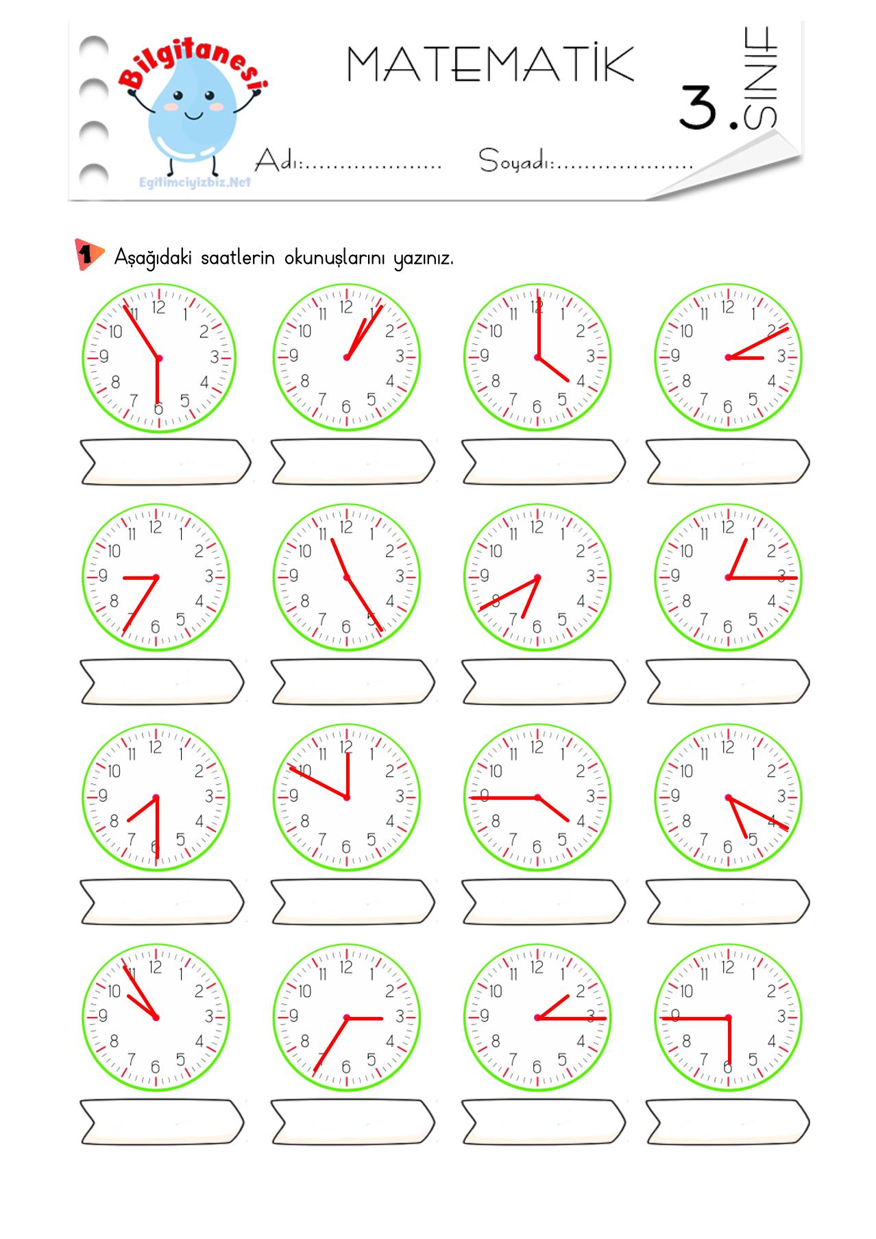 3. Sınıf Saatlerin Okunuşlarını Yazma Etkinliği-3