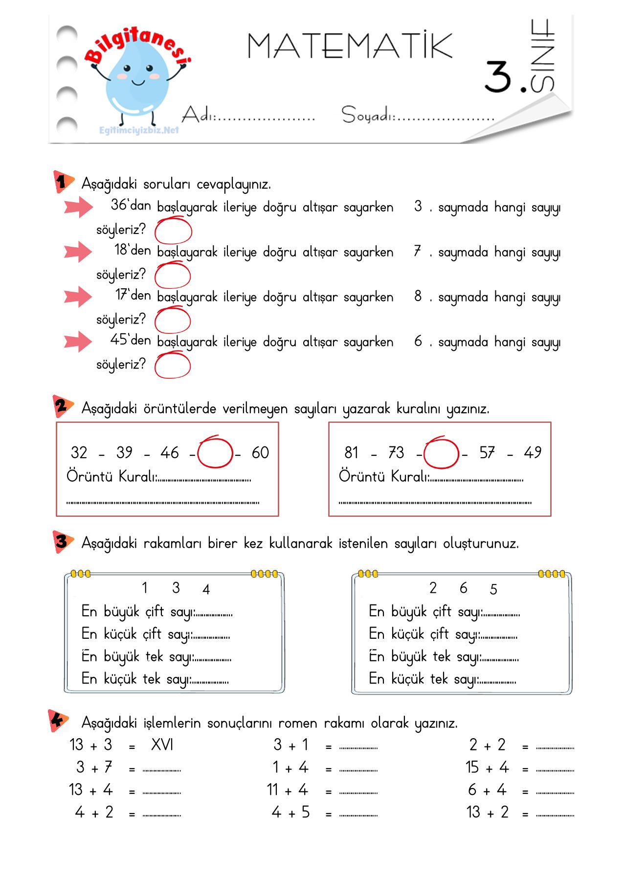 3. Sınıf Doğal Sayılar Tekrar Etkinlikleri-3 sayfa