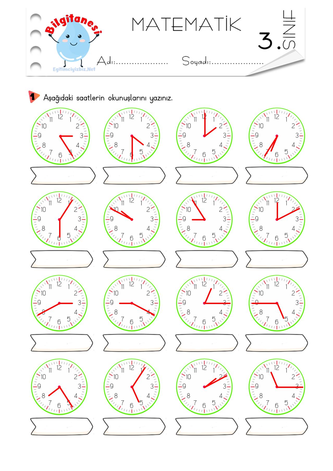 3. Sınıf Saatlerin Okunuşlarını Yazma Etkinliği-4