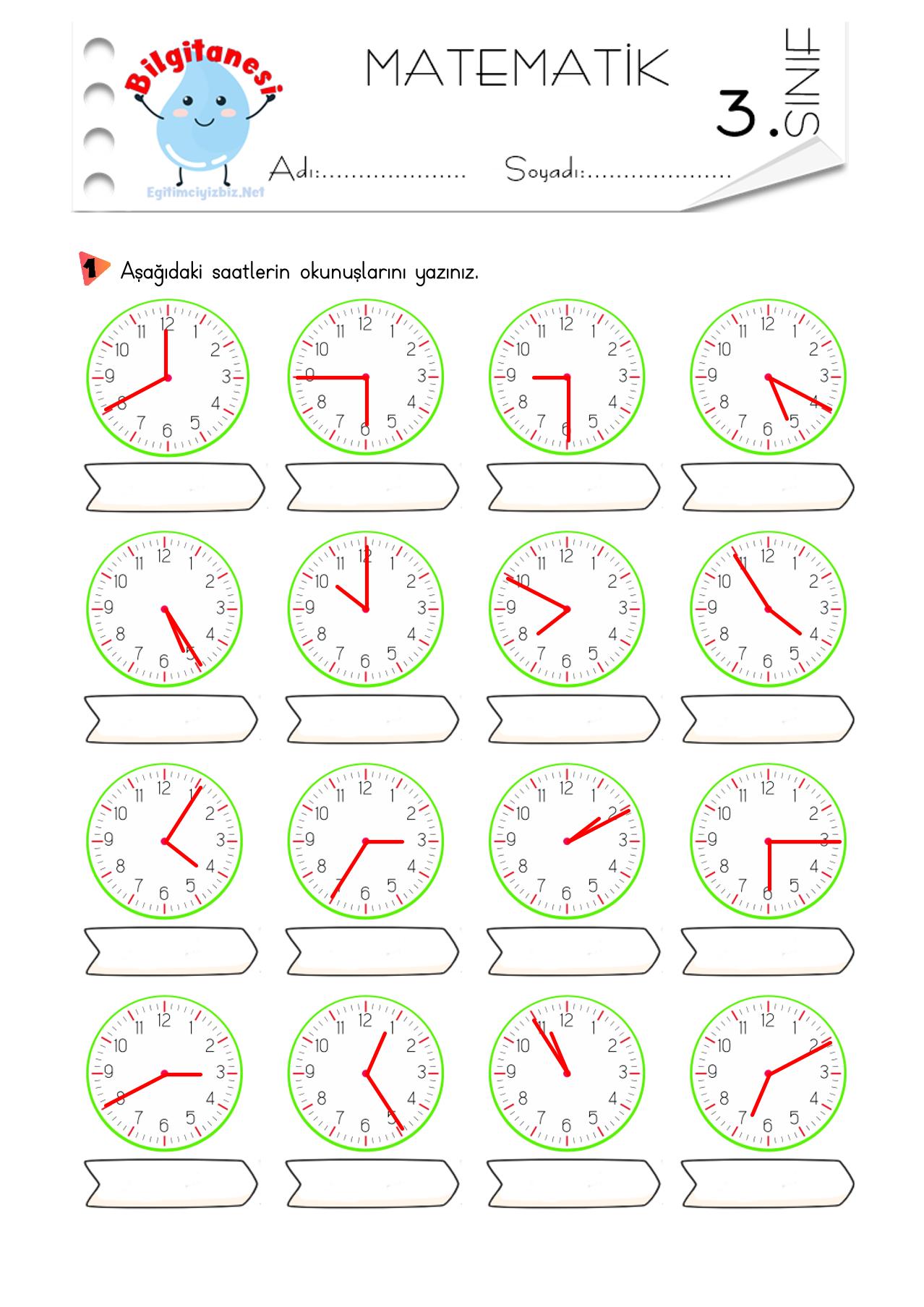 3. Sınıf Saatlerin Okunuşlarını Yazma Etkinliği-5