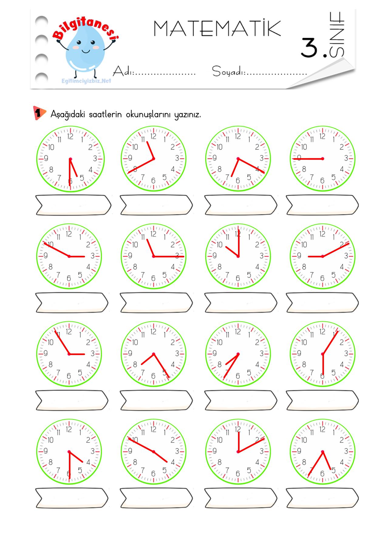 3. Sınıf Saatlerin Okunuşlarını Yazma Etkinliği-2