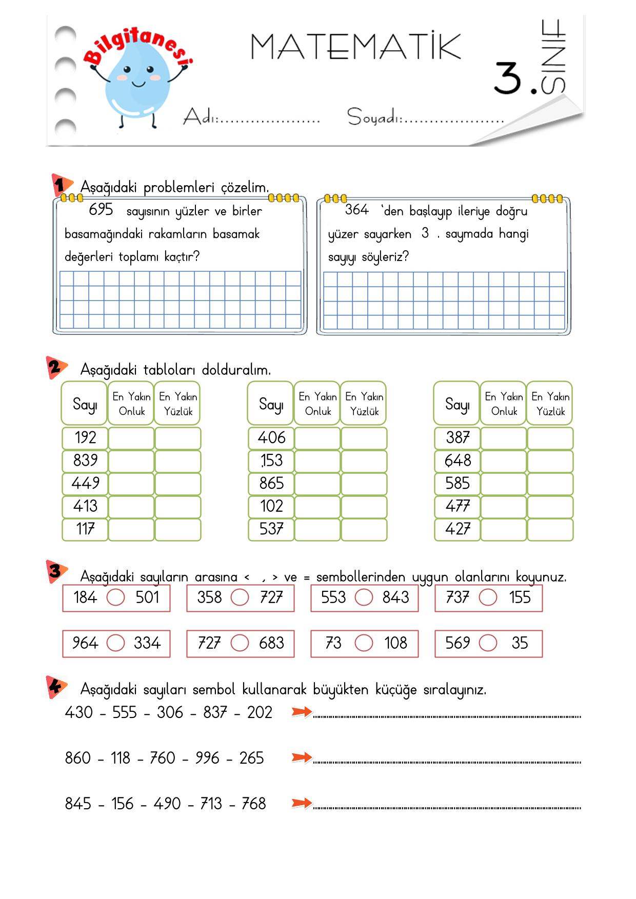 Doğal Sayılar Tekrar Etkinlikleri 3 sayfa