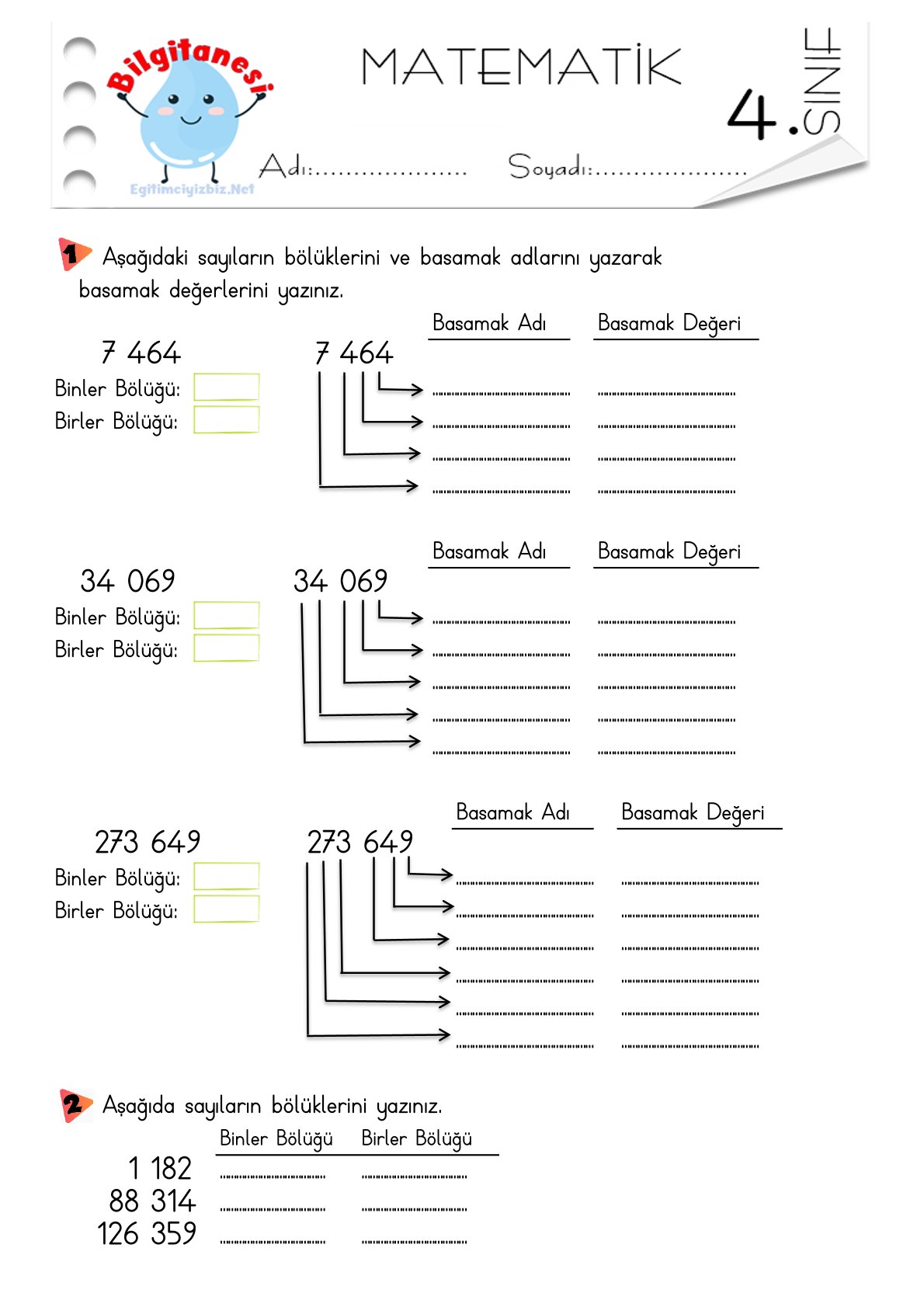4. Sınıf 4-5-6 Basamaklı Doğal Sayıların Basamak Adı ve Basamak Değerleri Etkinliği-3