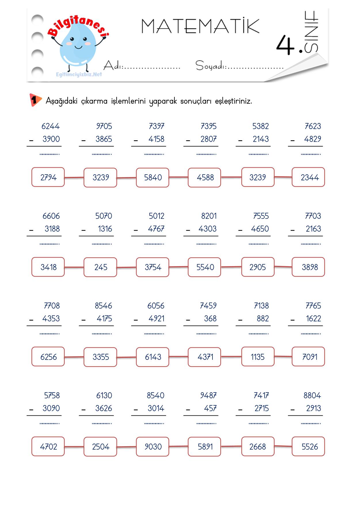 4. Sınıf Çıkarma İşlemi Etkinlikleri-3