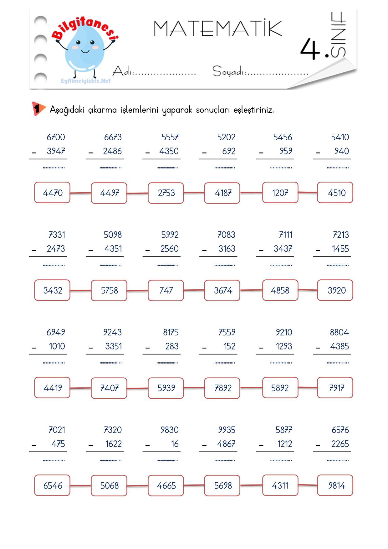 4. Sınıf Çıkarma İşlemi Etkinlikleri-1