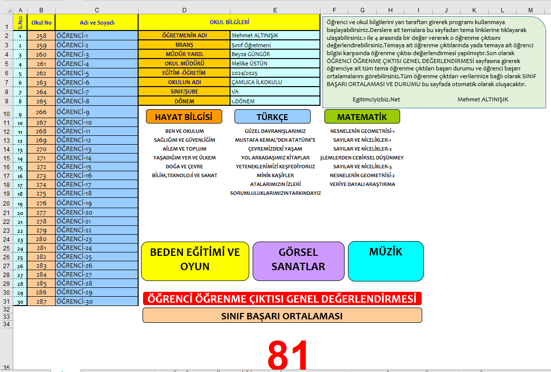 1. Sınıf Öğrenme Çıktısı Değerlendirme Programı-2025 (Maarif Modeli Uyumlu)
