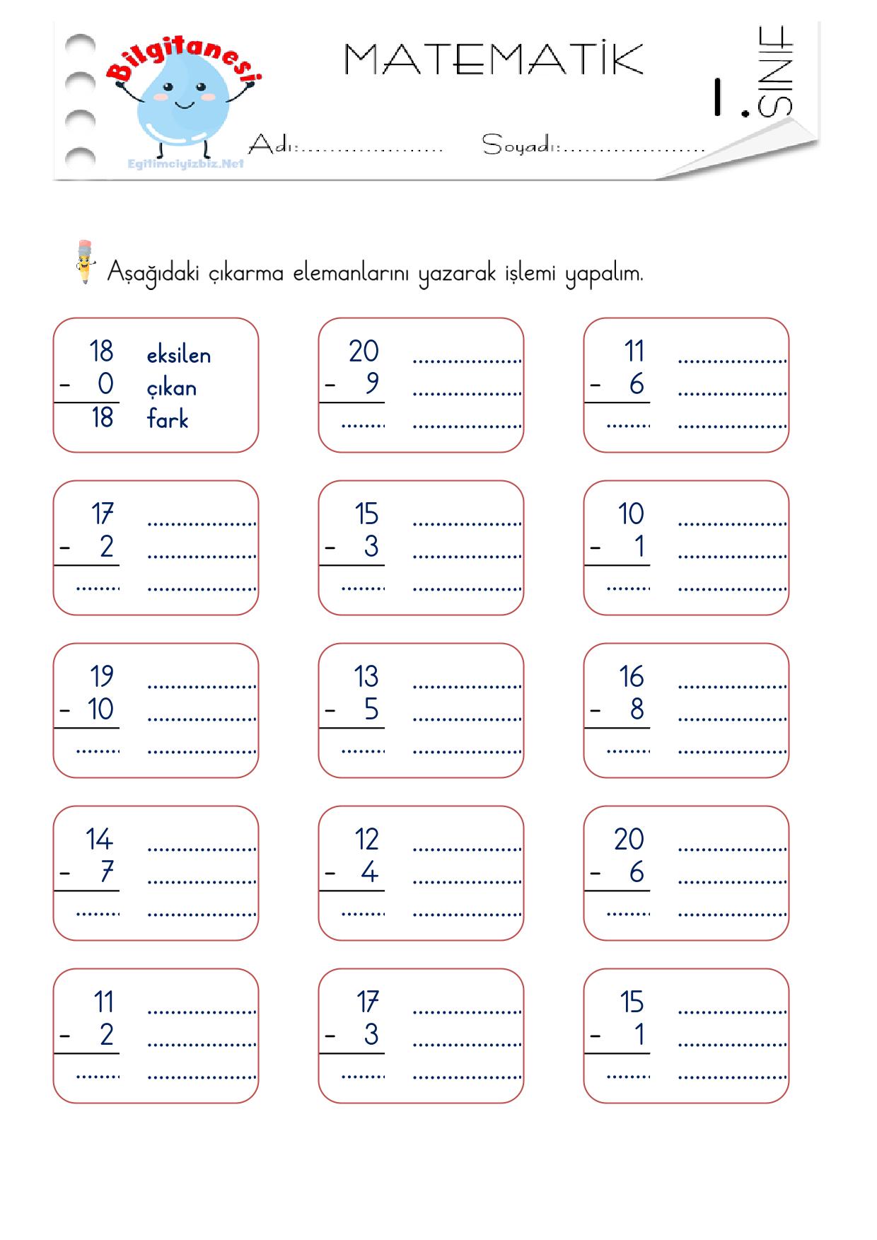 1. Sınıf Çıkarma İşlemi Elemanları Etkinliği-3 (Maarif Modeli Uyumlu)