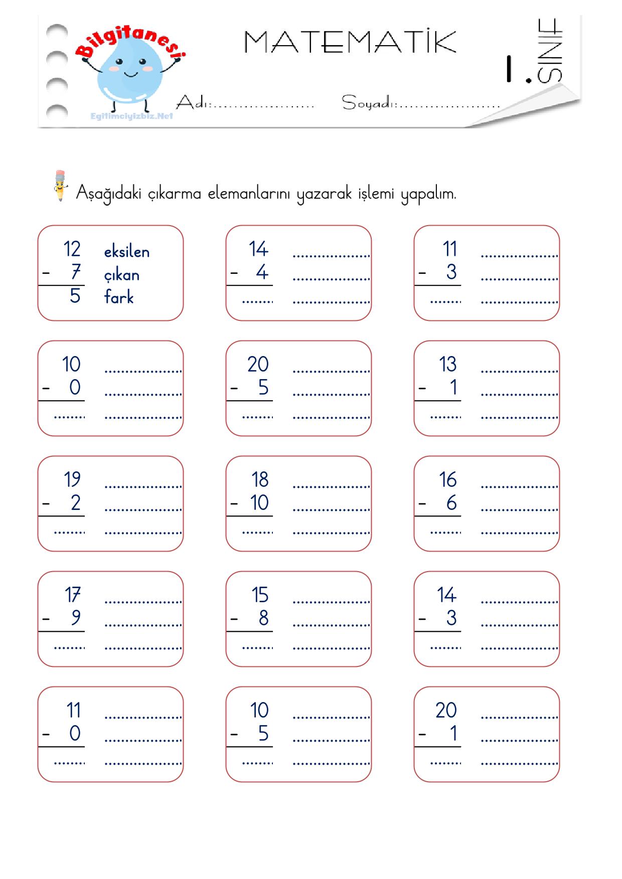 1. Sınıf Çıkarma İşlemi Elemanları Etkinliği-5 (Maarif Modeli Uyumlu)