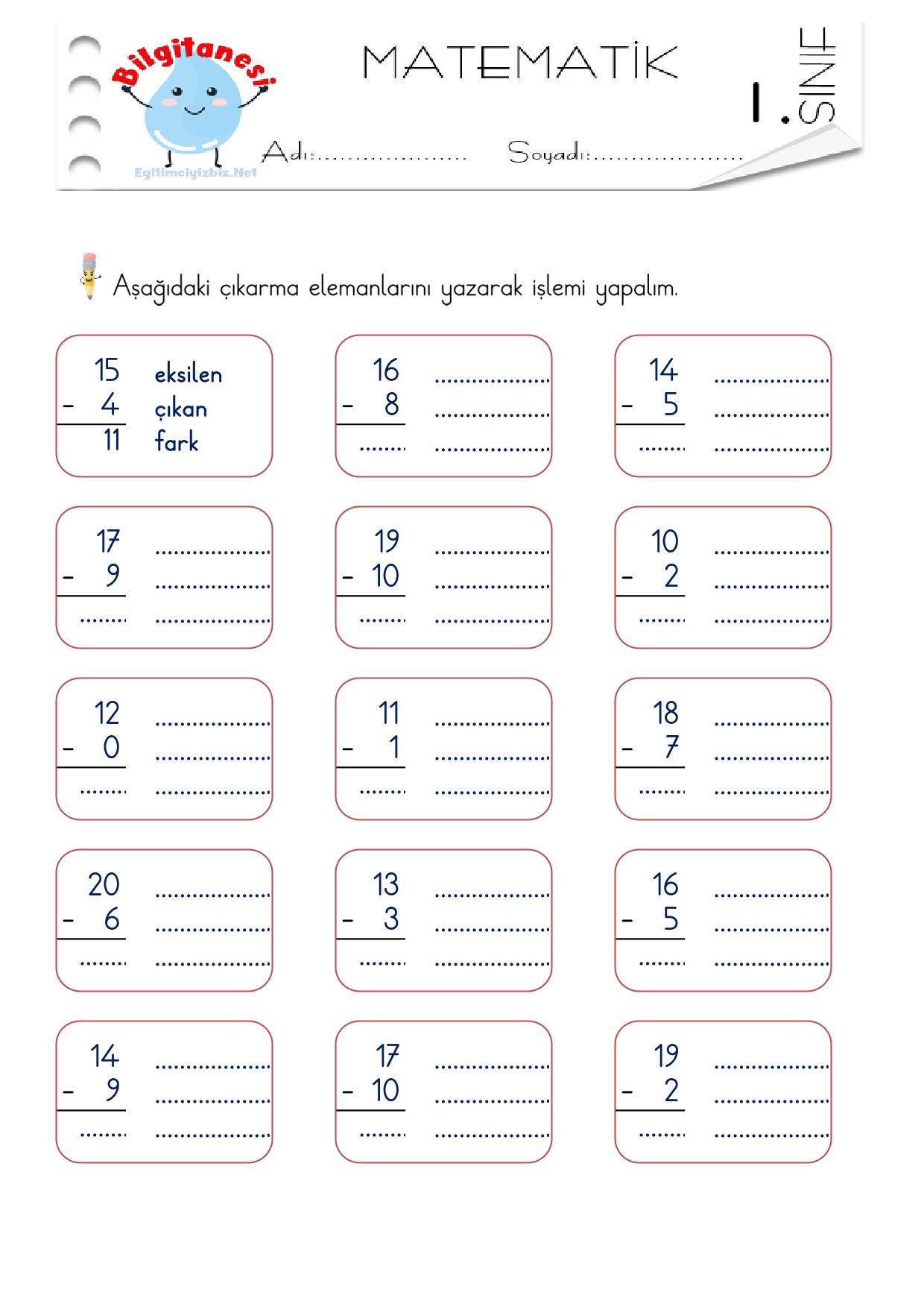 1. Sınıf Çıkarma İşlemi Elemanları Etkinliği-1 (Maarif Modeli Uyumlu)