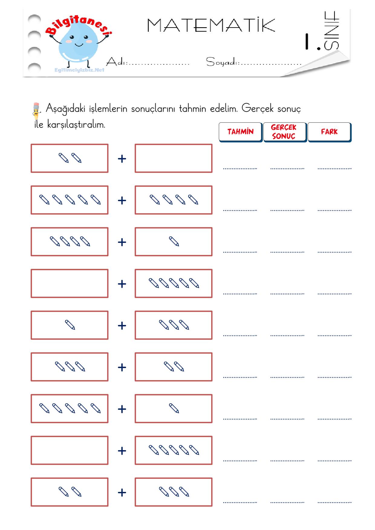 1. Sınıf Toplama İşlemi Tahmin Etkinliği-5 (Maarif Modeli Uyumlu)