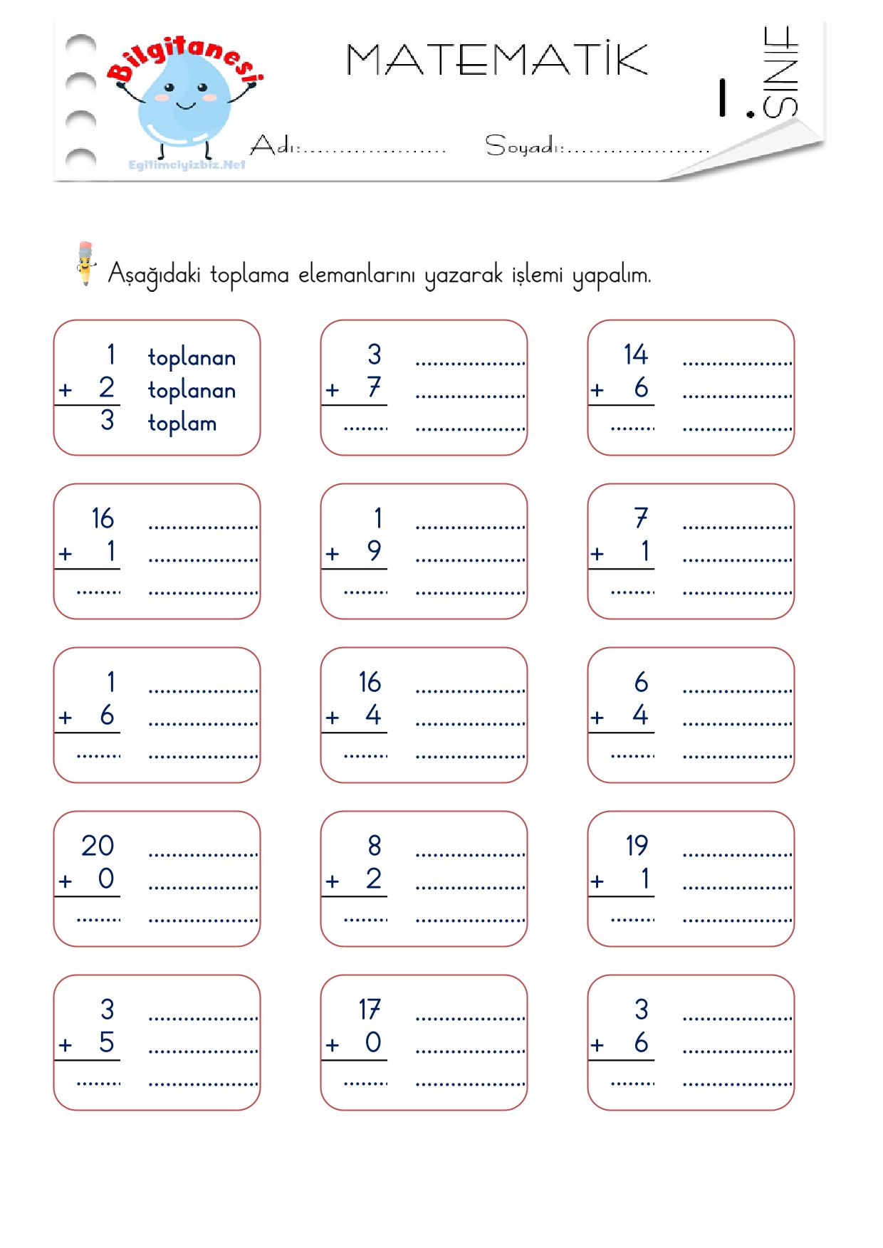 1. Sınıf Toplama İşlemi Elemanları Etkinliği-1 (Maarif Modeli Uyumlu)