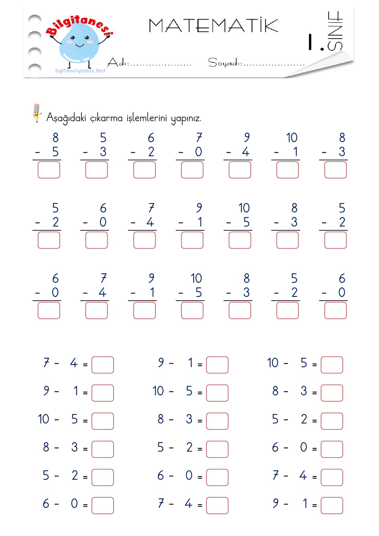 1. Sınıf Basit Çıkarma İşlemi Etkinliği-3 (Maarif Modeli Uyumlu)