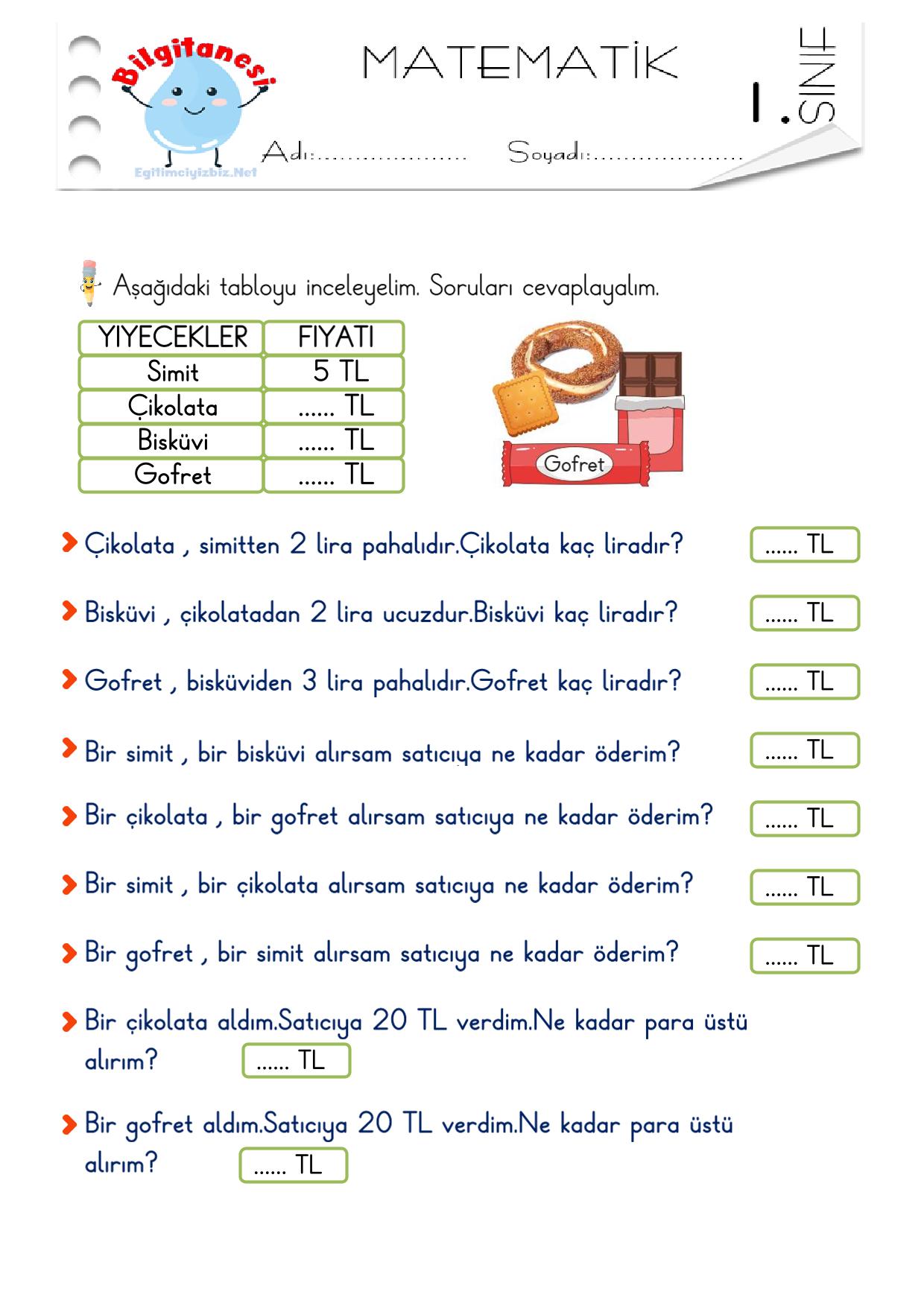 1. Sınıf Paralarımız Etkinliği-10 (Maarif Modeli Uyumlu)