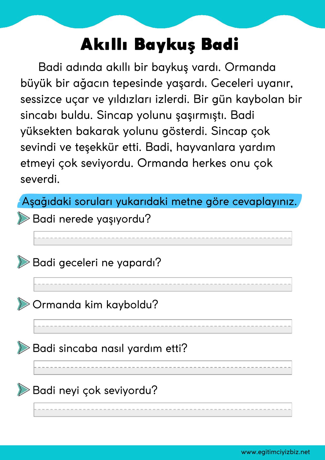 1 .Sınıf Okuma Anlama Etkinliği-Akıllı Baykuş Badi