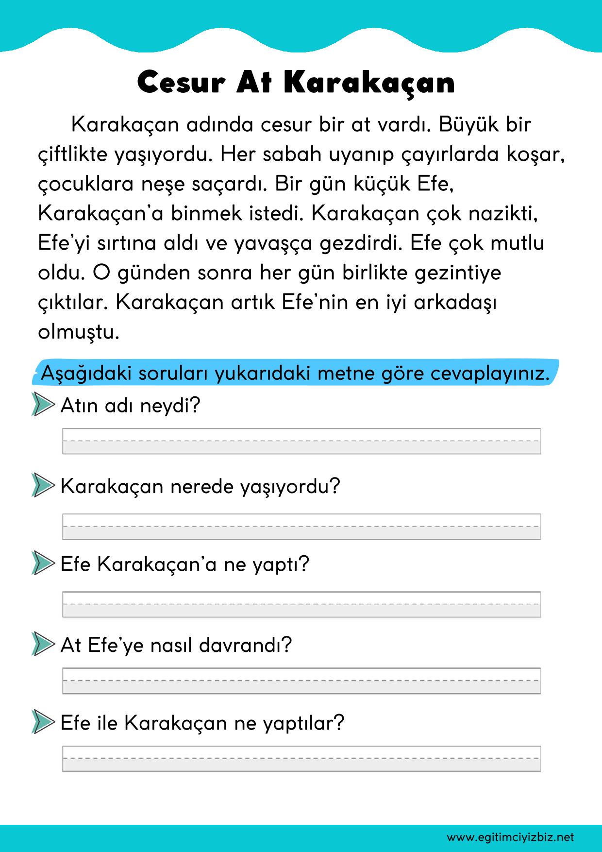 1. Sınıf Okuma Anlama Etkinliği-Cesur At Karakaçan (Maarif Modeli Uyumlu)