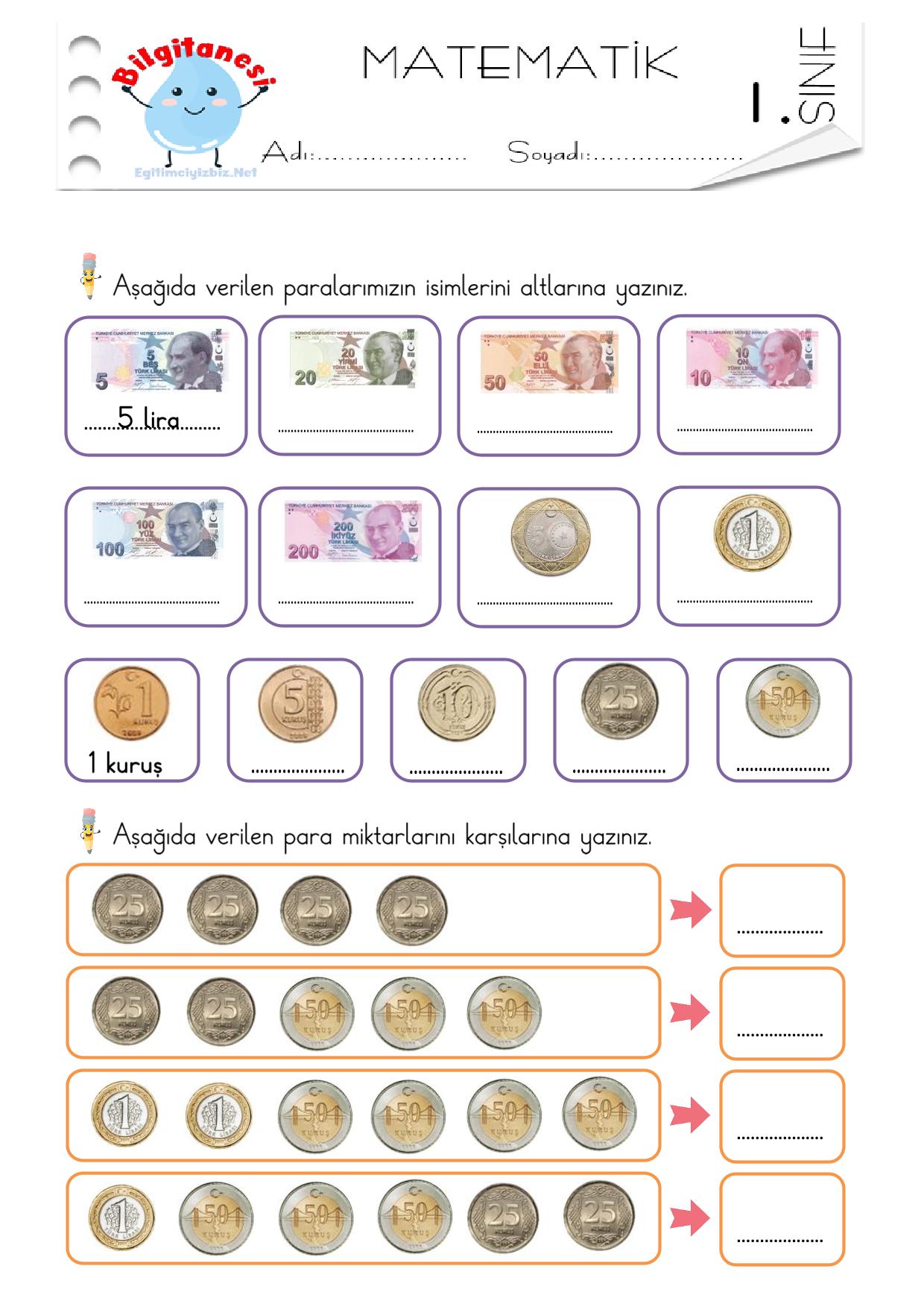 1. Sınıf Paralarımız Etkinliği-1 (Maarif Modeli Uyumlu)