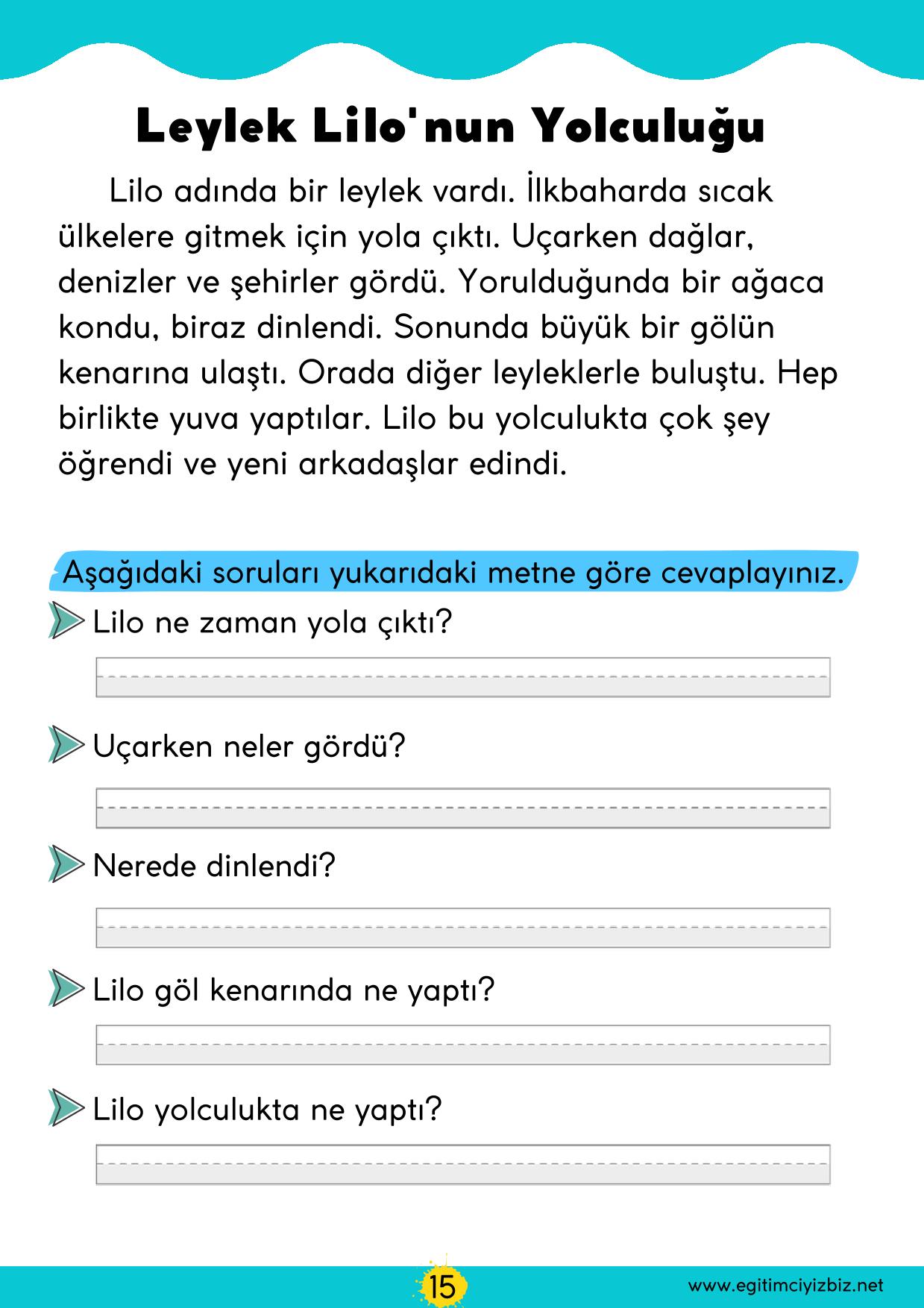 1. Sınıf Okuma Anlama Etkinliği-Leylek Lilonun Yolculuğu (Maarif Modeli Uyumlu)