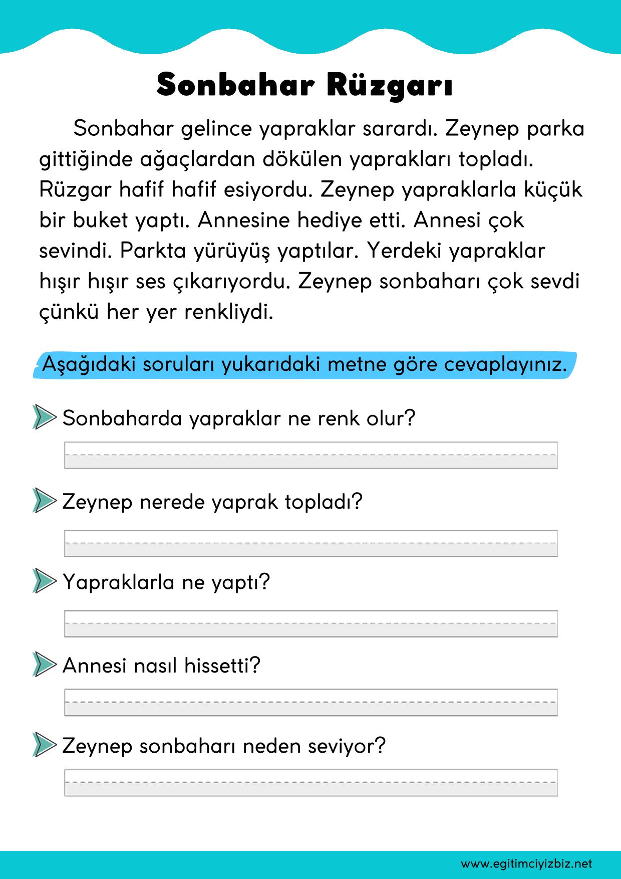 1.Sınıf Okuma Anlama Etkinliği-Sonbahar Rüzgarı