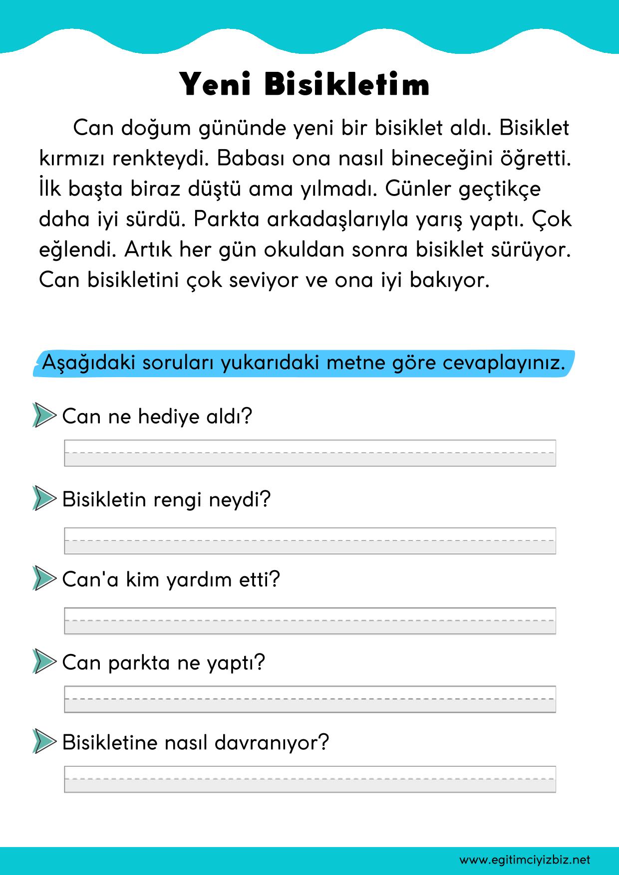 1.Sınıf Okuma Anlama Etkinliği-Yeni Bisikletim