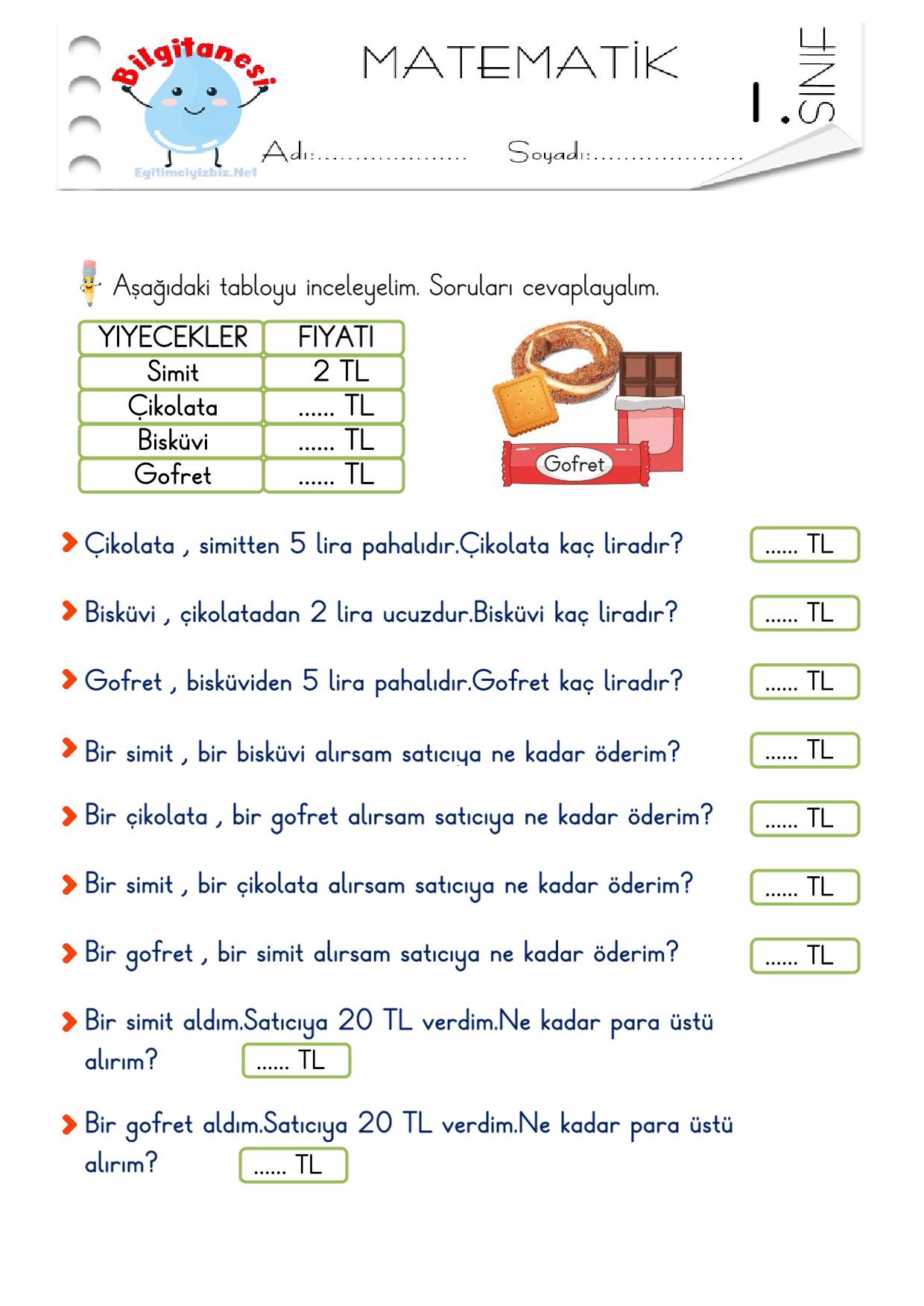 1. Sınıf Paralarımız Etkinliği-8 (Maarif Modeli Uyumlu)