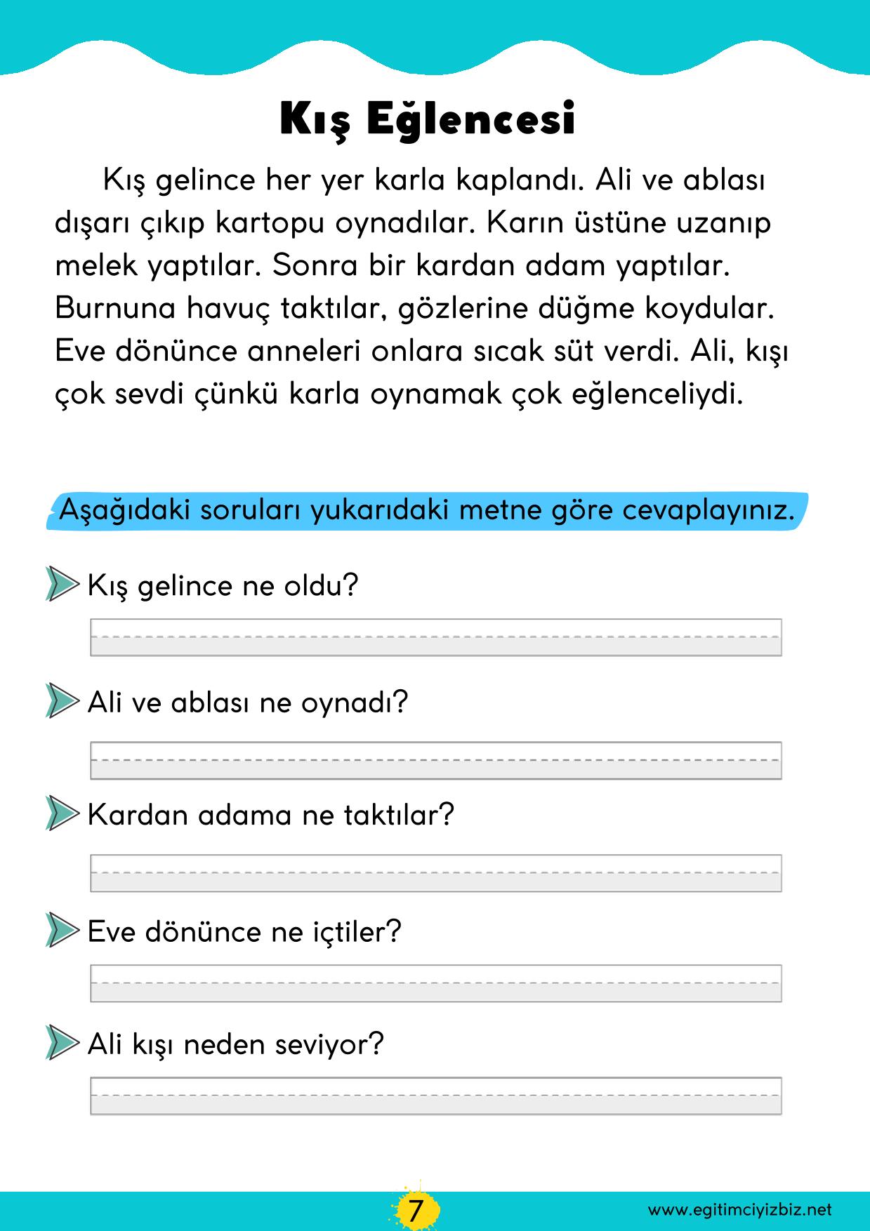 1. Sınıf Okuma Anlama Etkinliği-Kış Eğlencesi (Maarif Modeli Uyumlu)