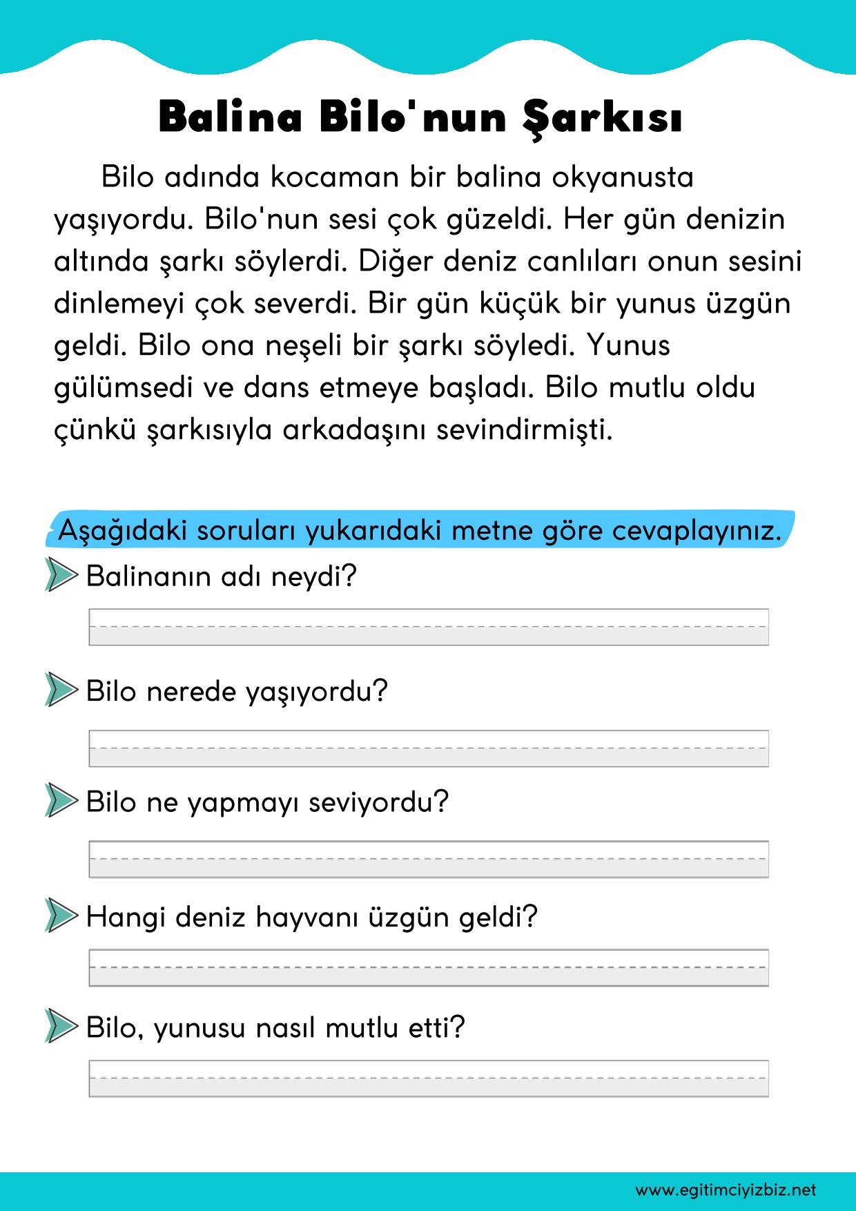 1. Sınıf Okuma Anlama Etkinliği-Balina Bilonun Şarkısı (Maarif Modeli Uyumlu)