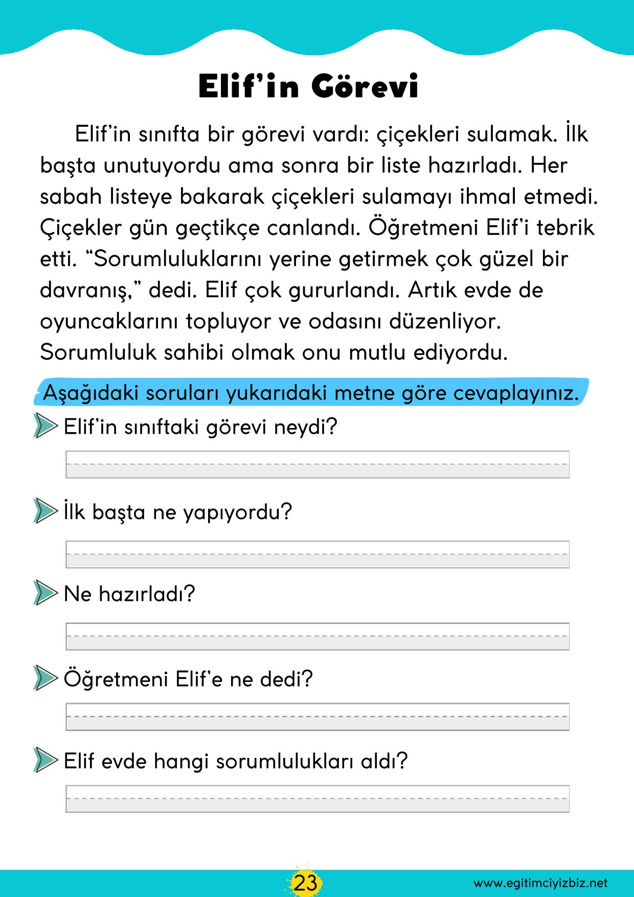1. Sınıf Okuma Anlama Etkinliği-Elifin Görevi (Maarif Modeli Uyumlu)