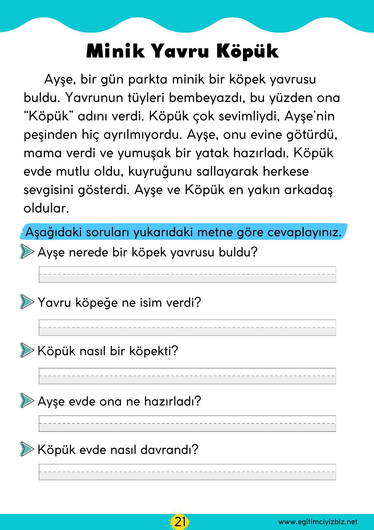 1. Sınıf Okuma Anlama Etkinliği-Minik Yavru Köpük (Maarif Modeli Uyumlu)